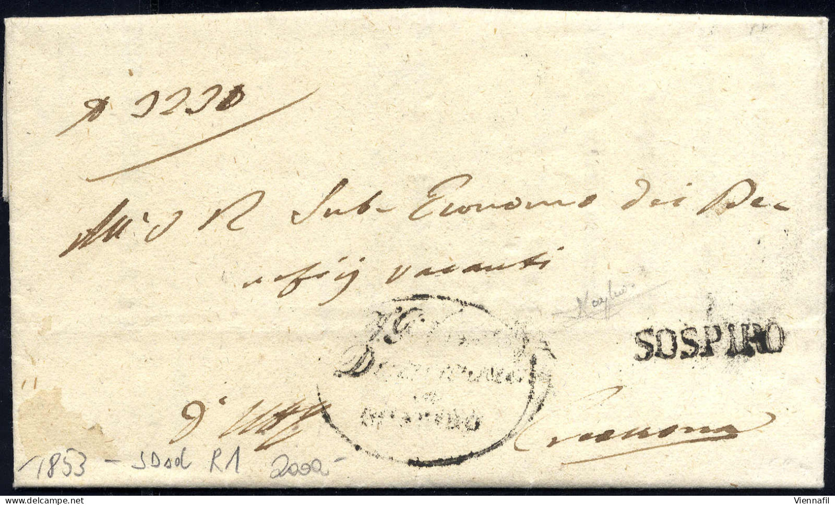 Cover "SOSPIRO", Annullo SD S.d. Su Lettera In Franchigia Del 17.10.1853 Per Cremona, Rara - Lombardo-Venetien