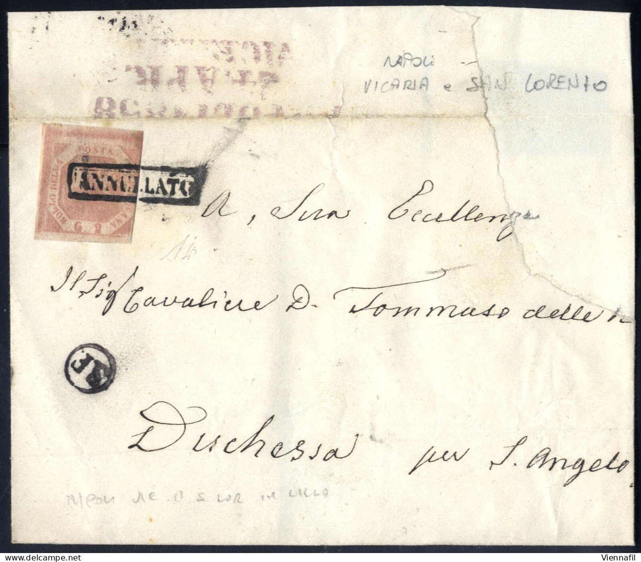 Cover 1858, Lettera Da Napoli Per S. Angelo Affrancata Con 2 Gr. Rosa Chiaro Bollo "ANNULLATO", Sul Verso Napoli 1858 /  - Neapel