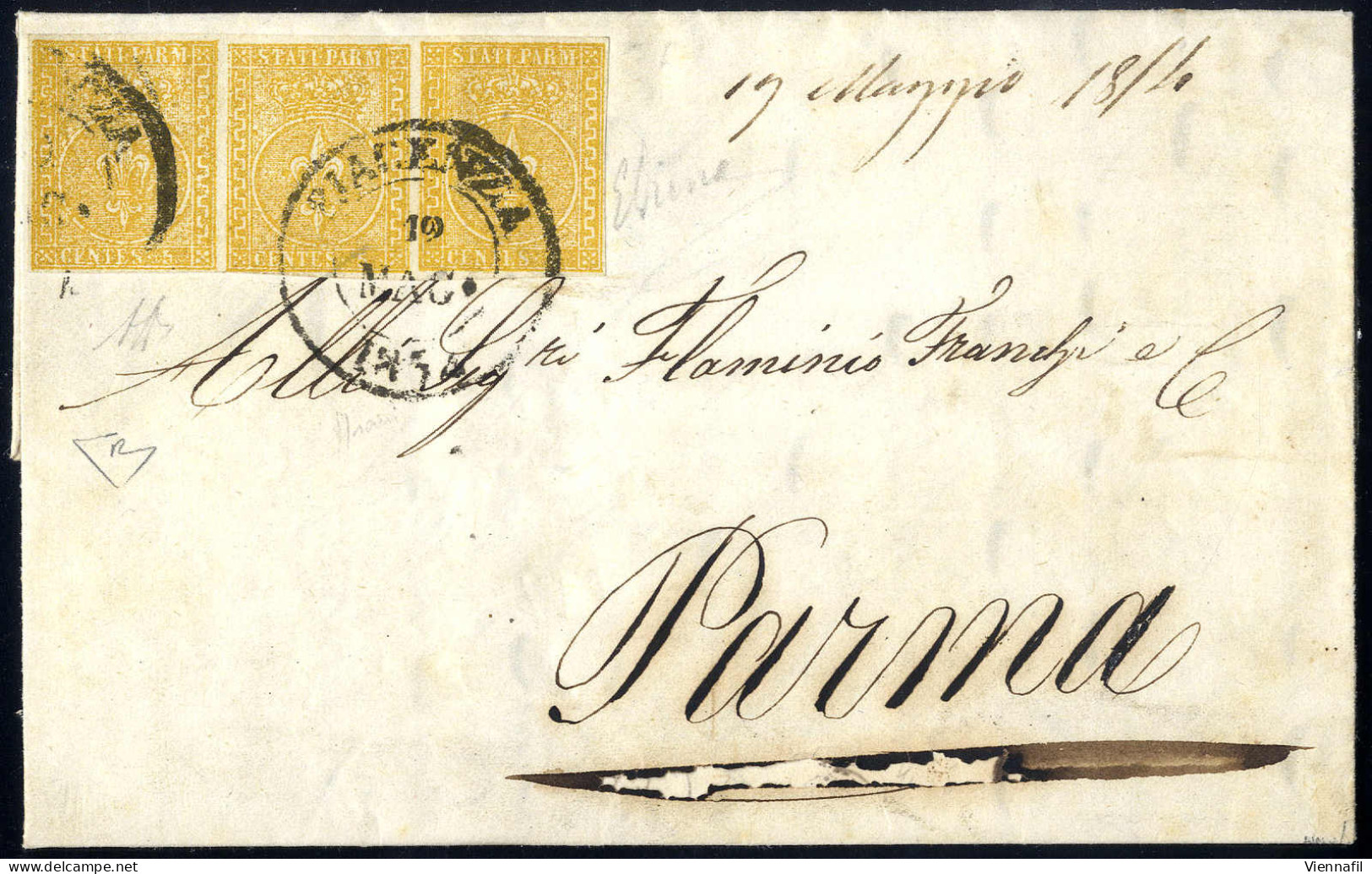 Cover 1854, Lettera Da Piacenza Del 19.5. Per Parma Affrancata Con Striscia Orizzontale Di Tre Del 5 C. Giallo, Certific - Parma