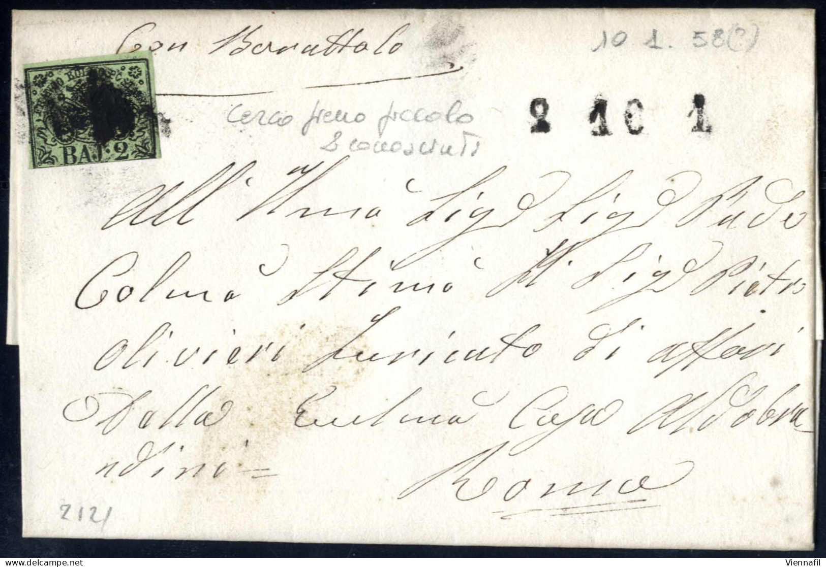 Cover 1857, Lettera Da Frascati Il 10.1 Per Roma Affrancata Con 2 B. Verde Oliva Annullato Con Cerchio Piccolo Pieno (Mu - Kirchenstaaten
