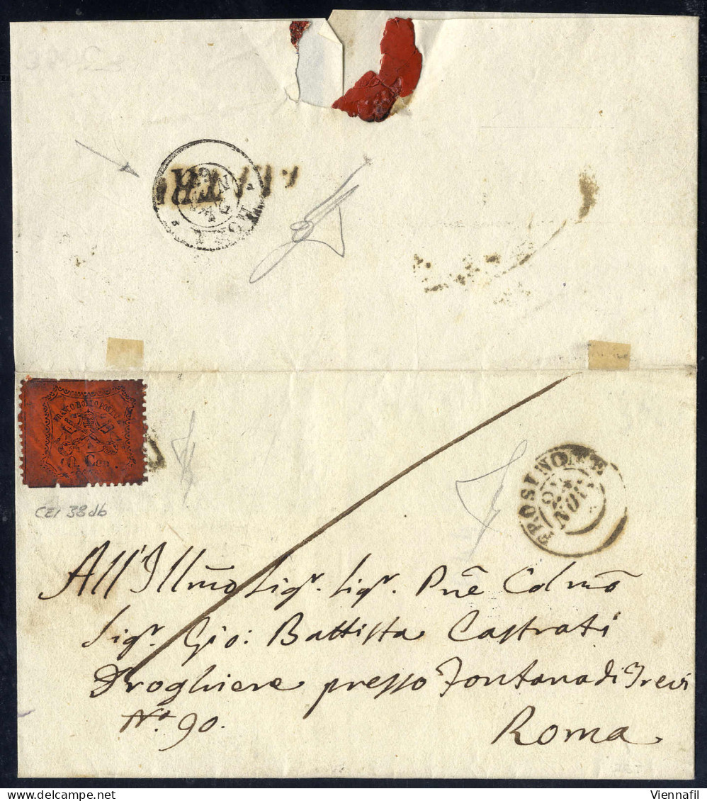 Cover 1868, Lettera Affrancata Con 10 C. Da Alatri Il 20.11. Per Roma Con Annullo SD (8 P) Sul Verso, Sass. 26 - Stato Pontificio