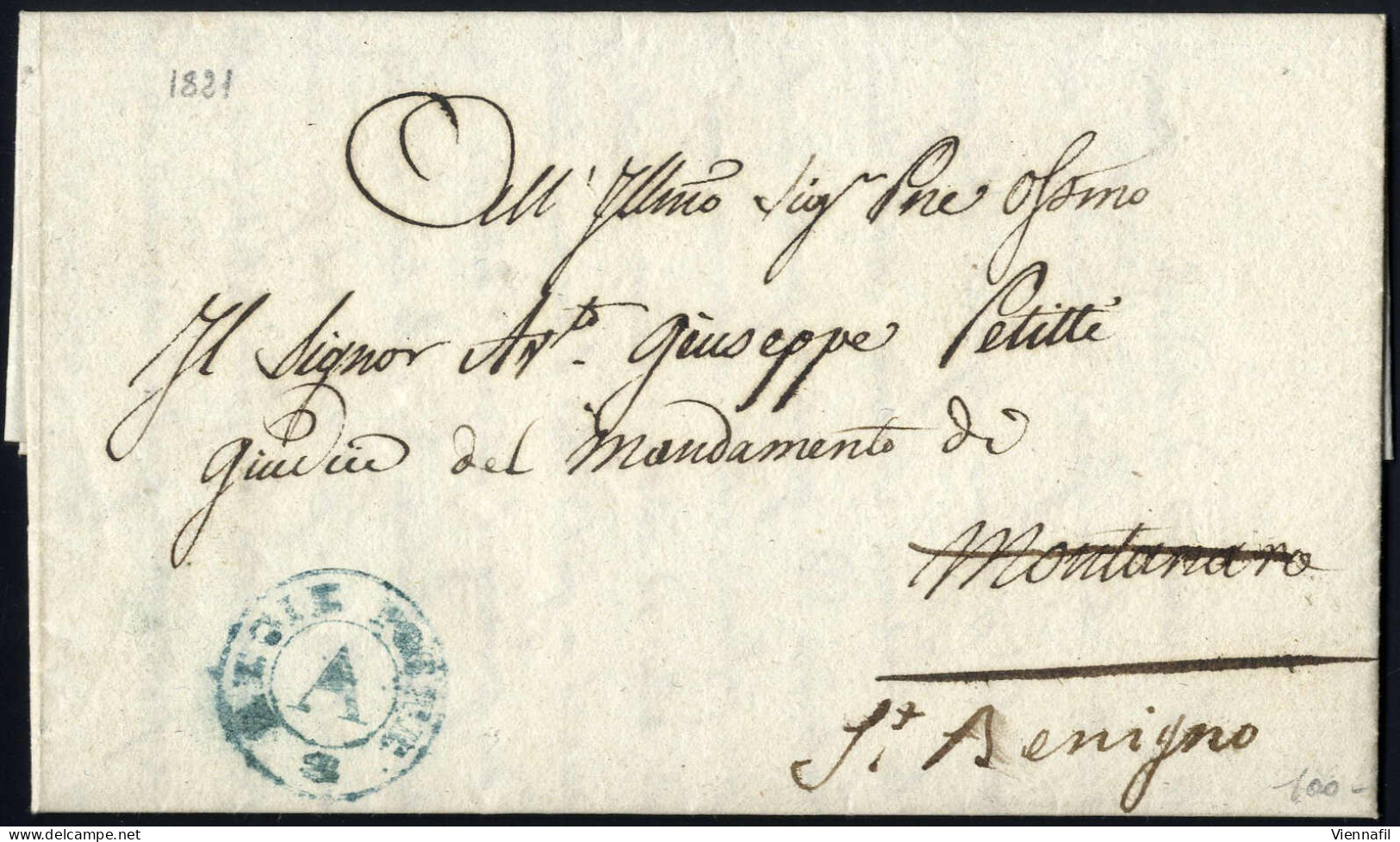 Cover 1821, Lettera In Franchigia Da Torino Il 10.12 Per Montanaro, Bollo Azzurro REGIE POSTE A - Sardinien