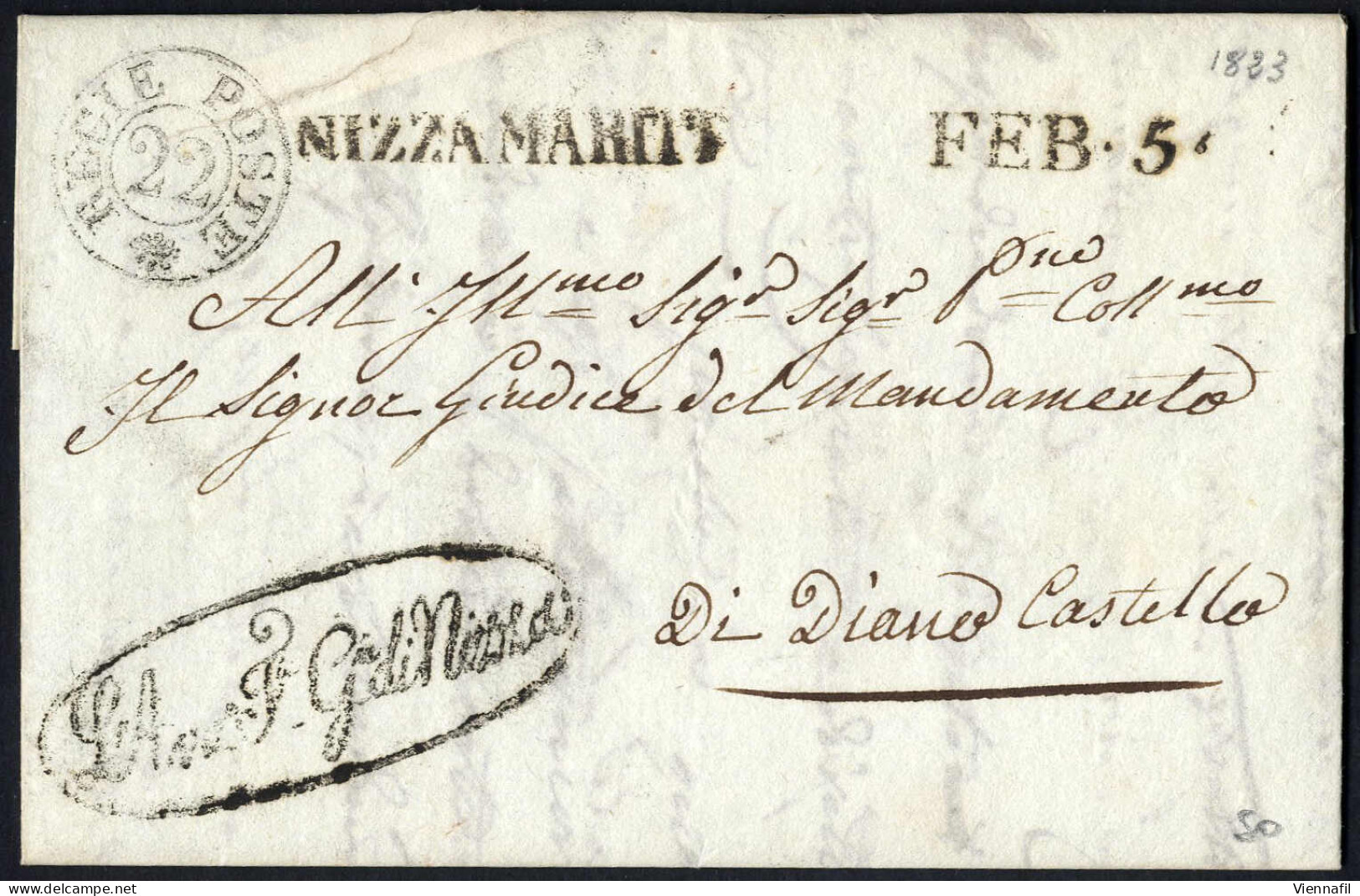 Cover 1823, Lettera In Franchigia Da Nizza Il 5.2 Per Di Diano Castello, Bollo NeroREGIE POSTE 22, Bollo Lineare Nero NI - Sardinia