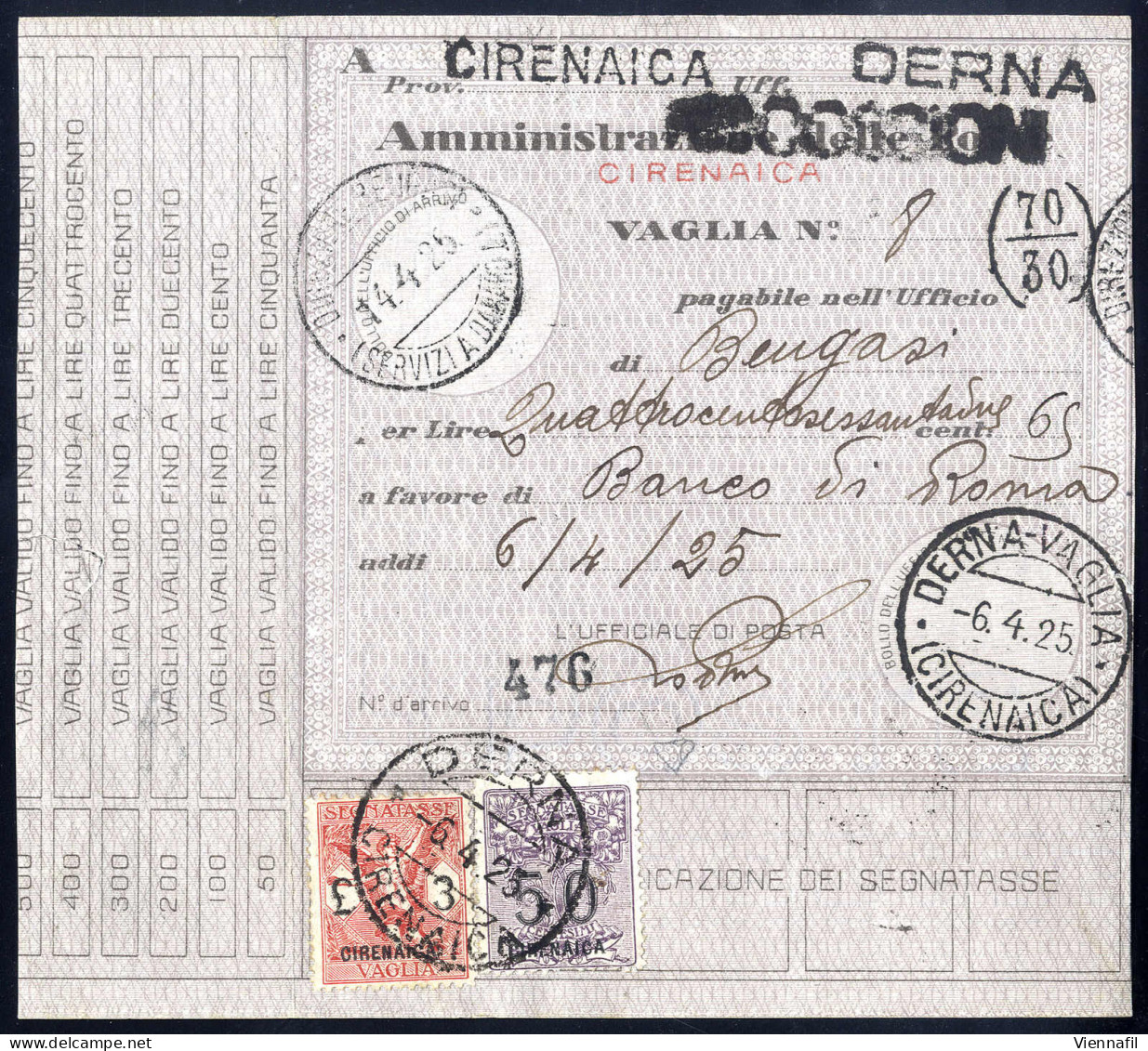 Cover 1925, Segnatasse Per Vaglia, 50 C. Violetto E 3 L. Carminio Su Vaglia Da Derna Il 6.4, Sass. 3,6 / 1550,- - Cirenaica