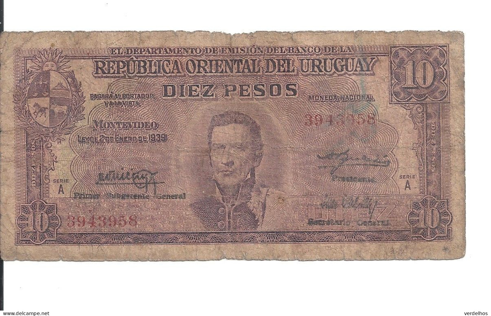 URUGUAY 10 PESOS 1939 VG+ P 37 A - Uruguay