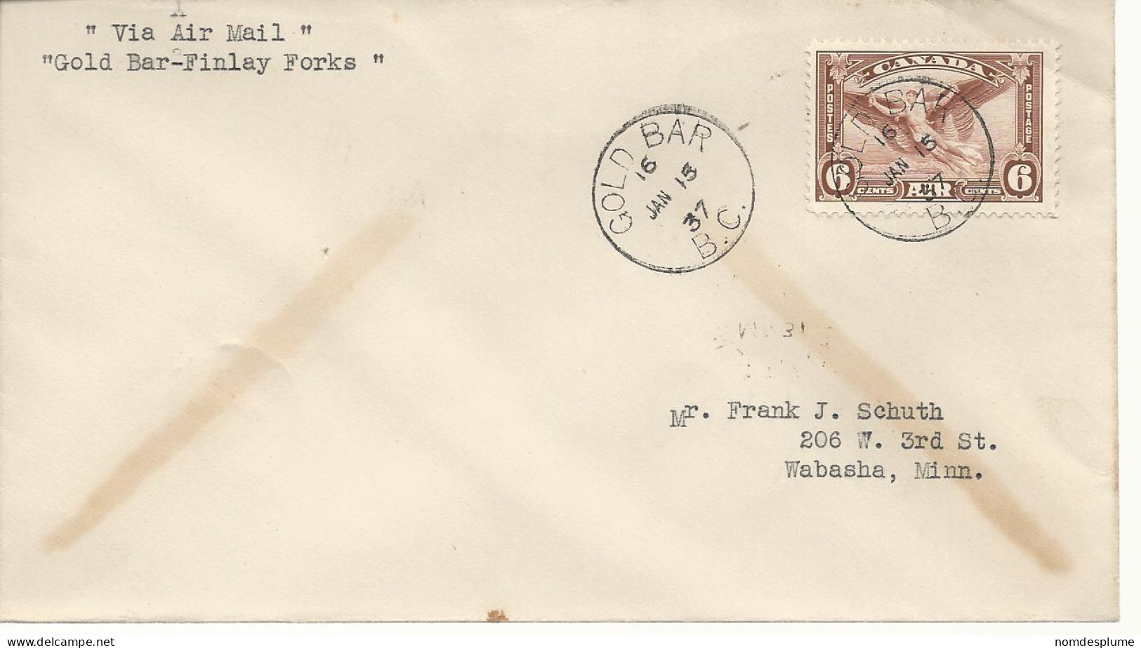 24443) Canada Gold Bar Postmark Cancel 1937 Air Mail Closed Post Office  - Airmail