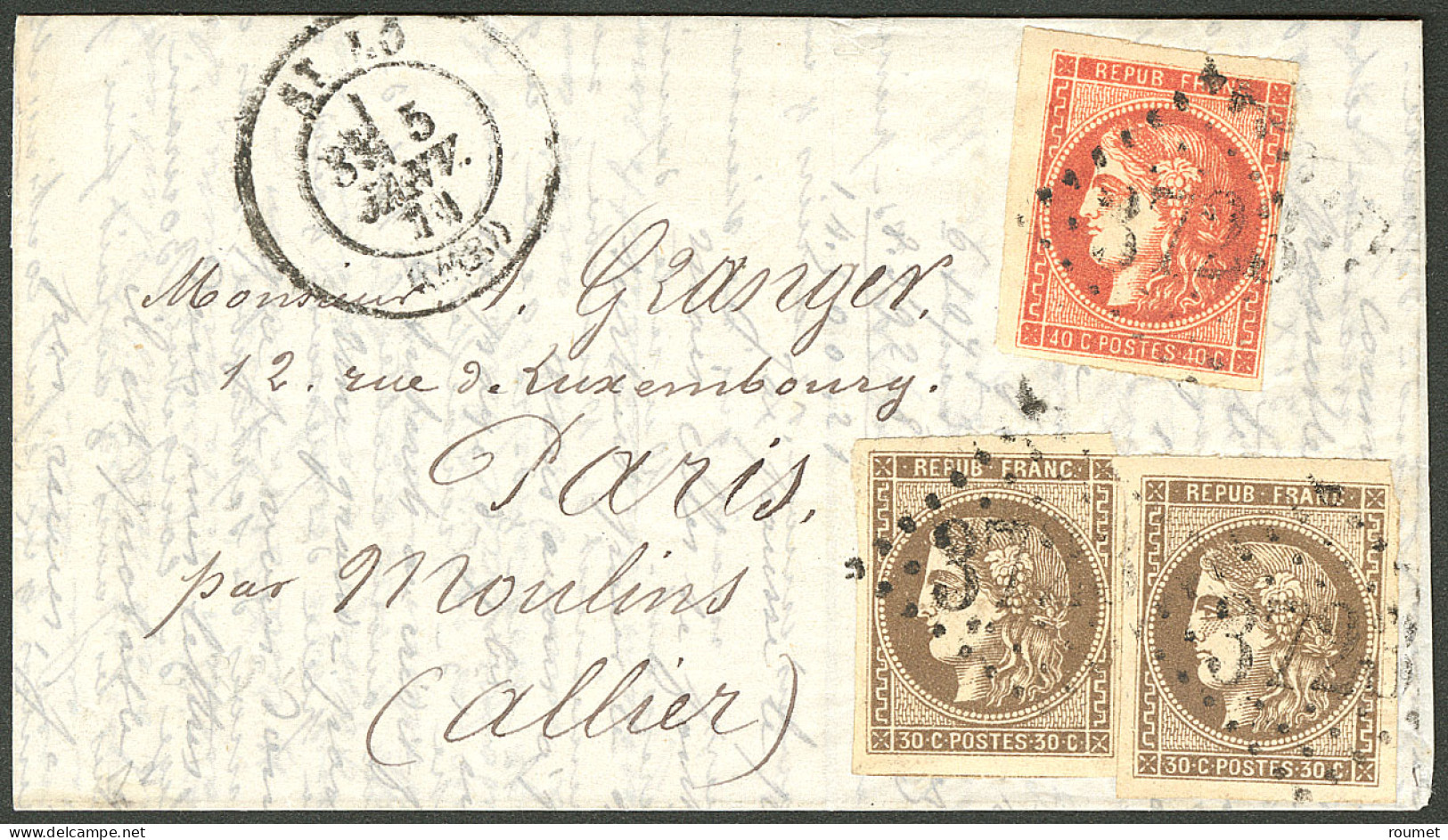 Lettre Boule De Moulins. Nos 47 (2) + 48f (ocre), Obl Gc 3723 Sur Lettre De St Lô 5 Janv 71 Pour Paris, Superbe. - RR - 1870 Emisión De Bordeaux