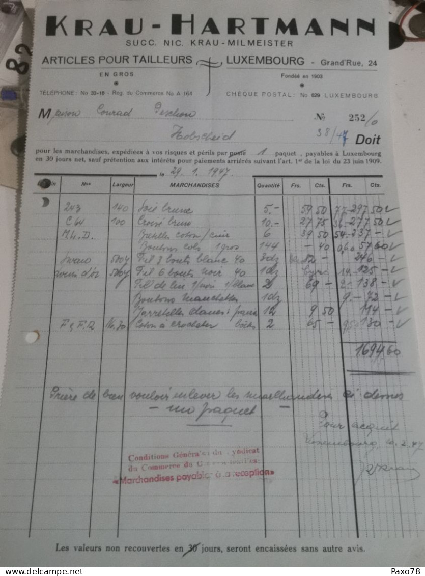 Facture Luxembourg, Krau-Hartmann 1947 - Luxembourg