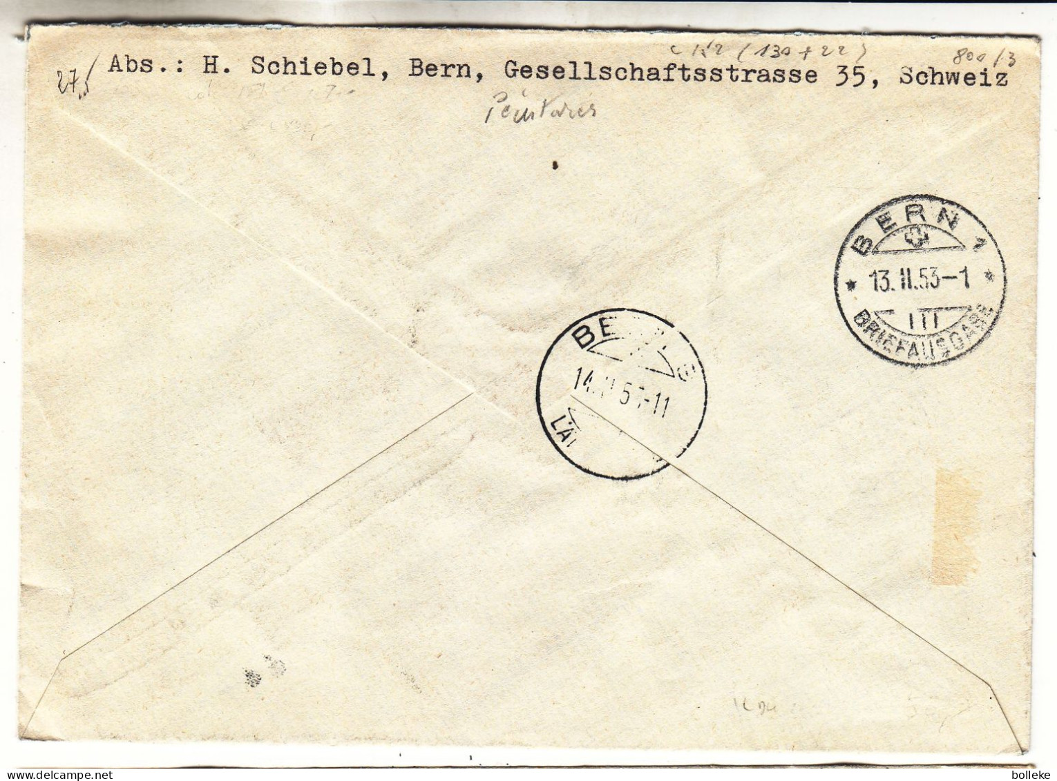 Liechtenstein - Lettre Recom De 1953 - Oblit Ruggell - Peintures - Valeur 152 € ( 130 + 22 ) - Cachet De Bern - - Covers & Documents