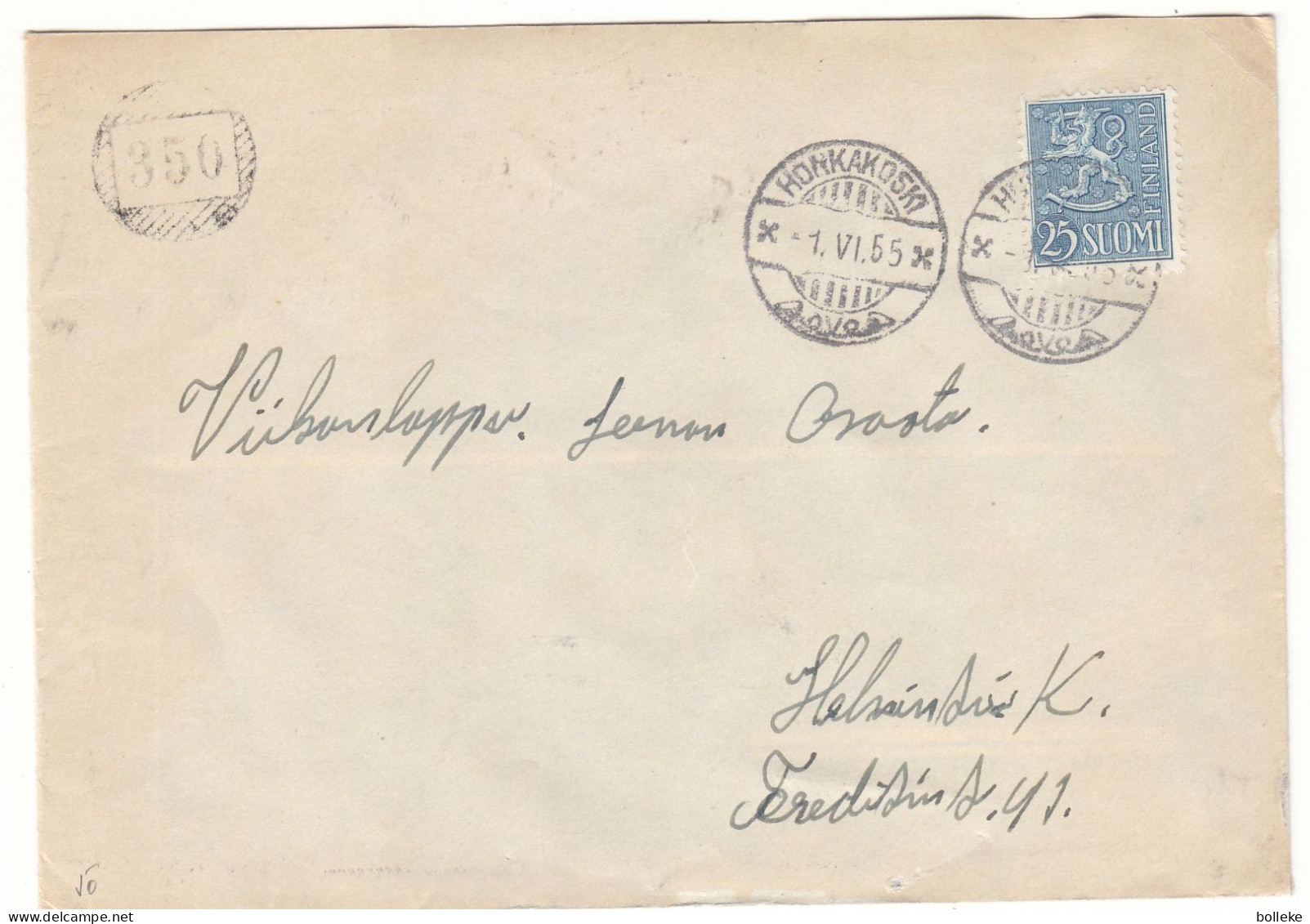 Finlande - Lettre De 1955 - Oblit Honkakoski - Avec Cachet Rural 350 - - Storia Postale