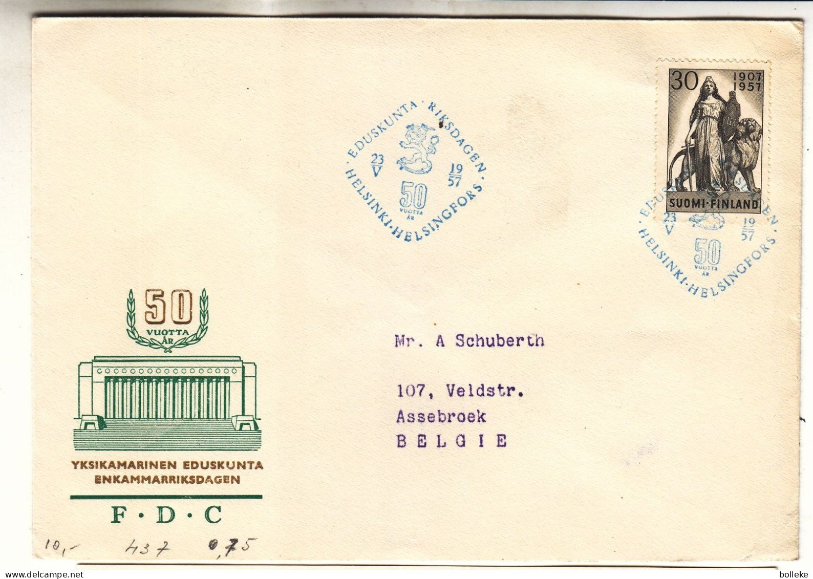 Finlande - Lettre FDC De 1957 - Oblit Helsinki - Valeur 4 Euros - Lion - Bouclier - épée - - Lettres & Documents