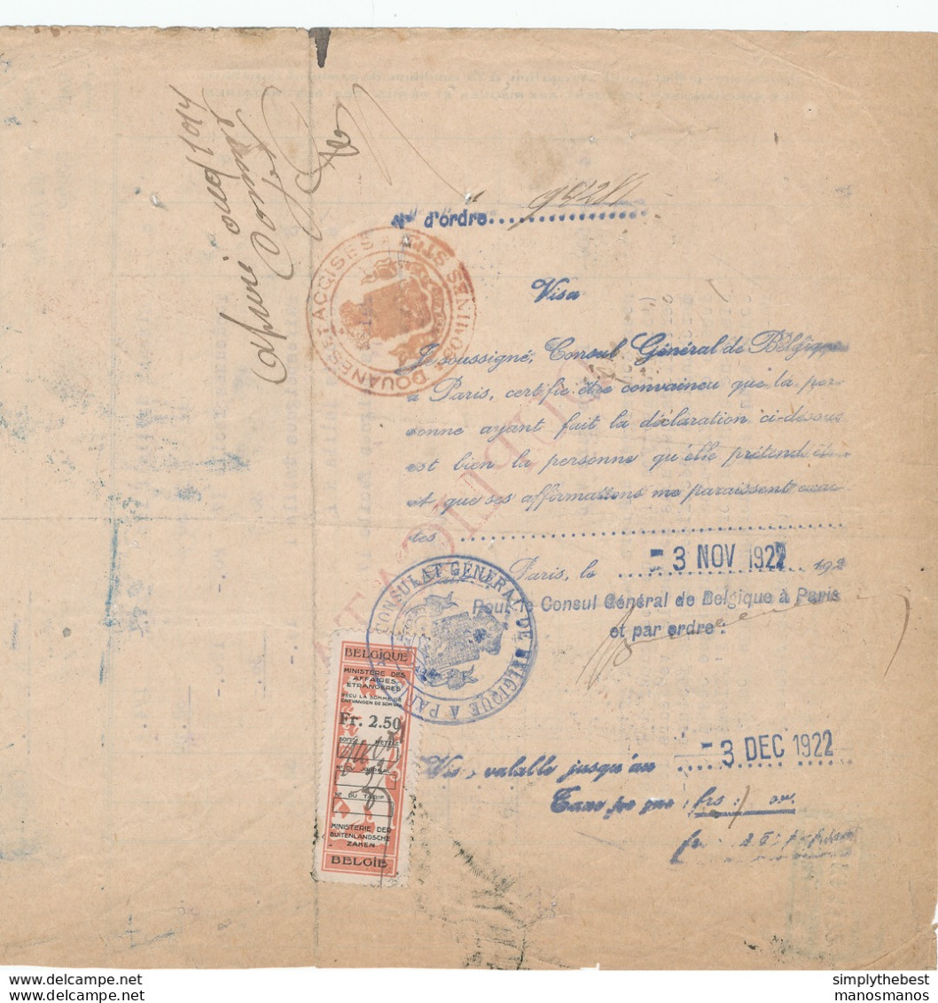 519/28 - Timbre FISCAL Ministère Affaires Etrangères 2 F 50 - S/Facture PARIS 1922 - Consulat Belgique + DOUANE COMINES - Documents