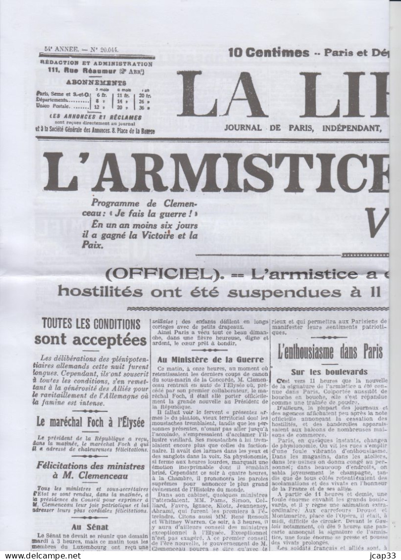 LA LIBERTE  -  JOURNAL DE PARIS  -  11 NOVEMBRE 1918  -  Reproduction De La 1ere Feuille  - - General Issues