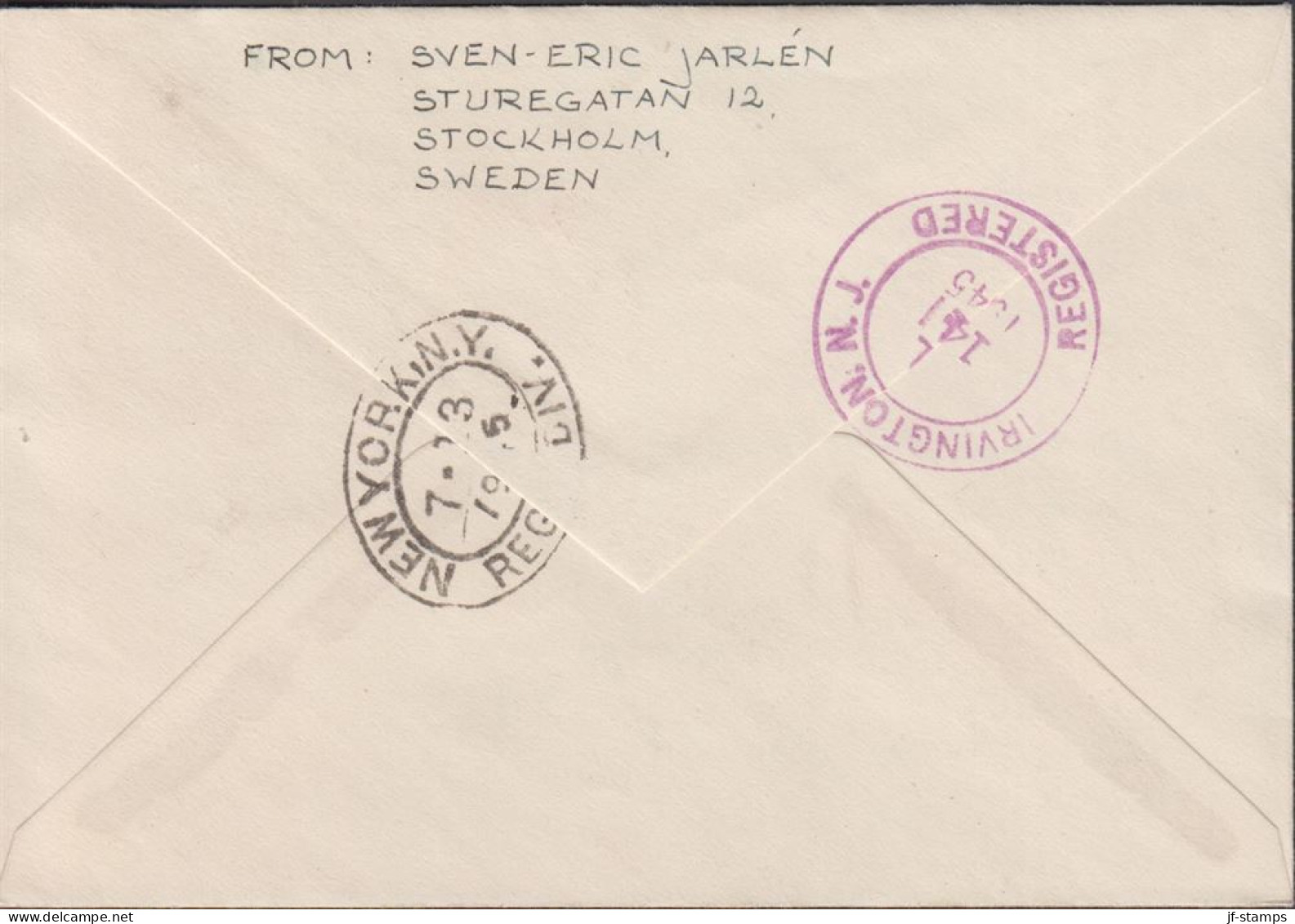 1945. SVERIGE. Fine Small Registered Cover To Irvington, N.J. USA With 5 + 60 ÖRE SVENSK PRE... (Michel 214+) - JF444786 - Storia Postale