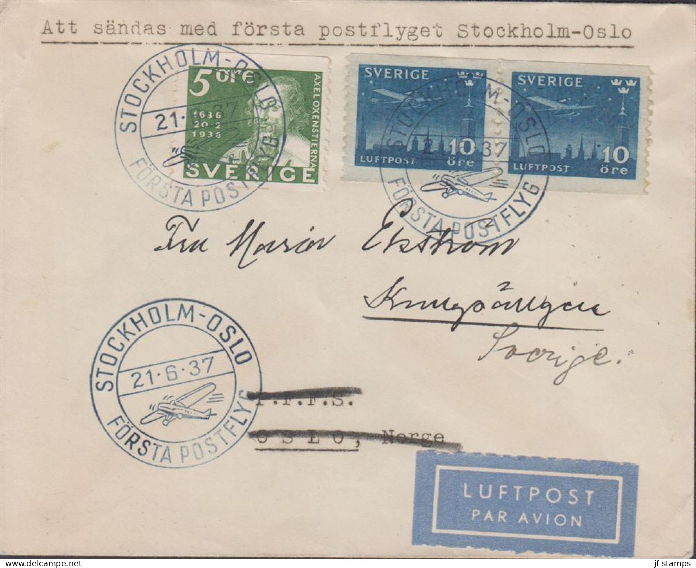 1937. SVERIGE. _Very Fine Cover With 5 öre POST And Pair 10 öre LUFTPOST To Oslo, Norge Canc... (Michel 213+) - JF444793 - Briefe U. Dokumente