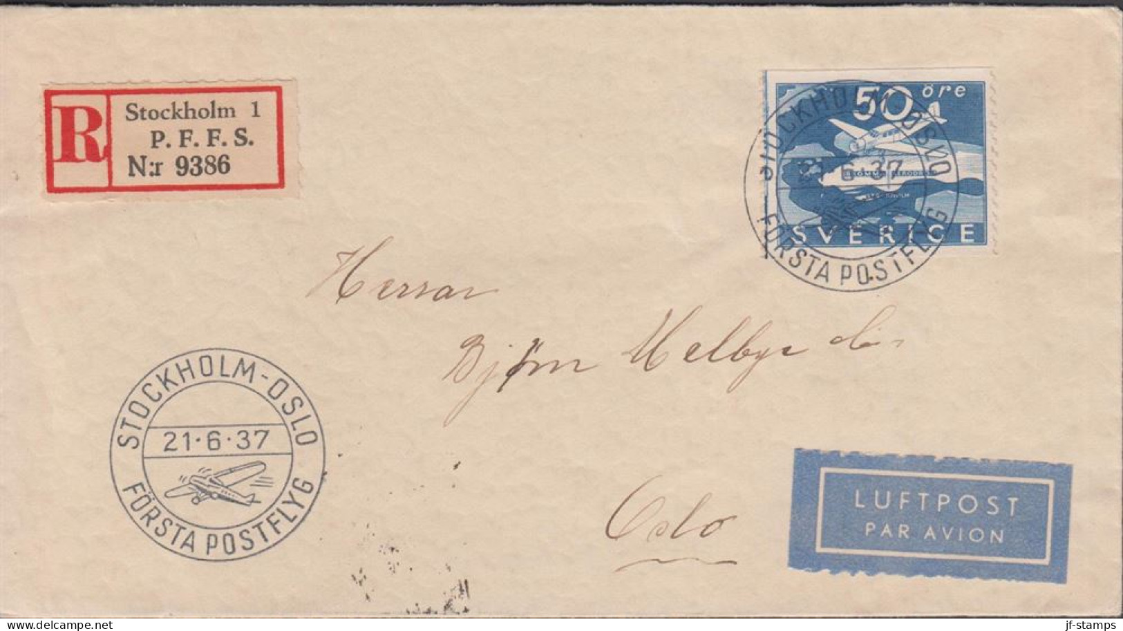 1937. SVERIGE. _Fine Cover With 50 öre BROMMA LUFTPOST To Oslo, Norge Cancelled STOCKHOLM-OSL... (Michel 239) - JF444796 - Briefe U. Dokumente