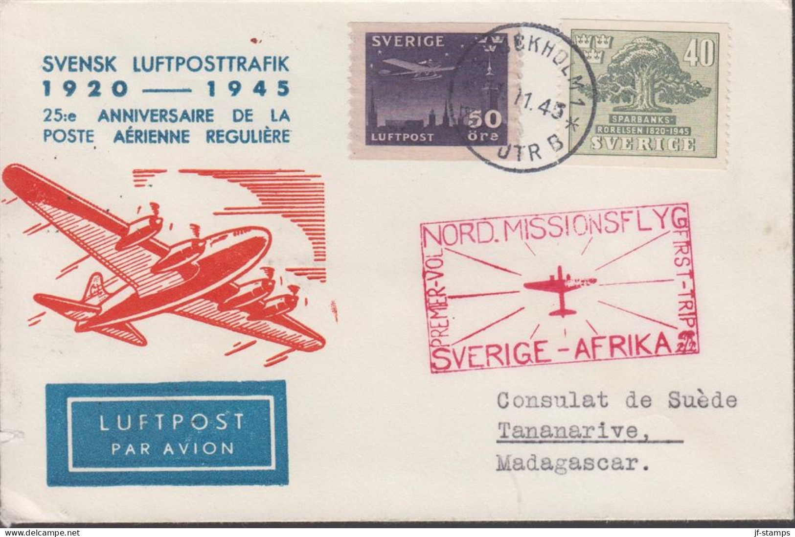 1945. SVERIGE. __Fine LUFTPOST Cover With 40 öre SPARBANK + 50 öre LUFTPOST To Consulat De S... (Michel 214+) - JF444799 - Lettres & Documents