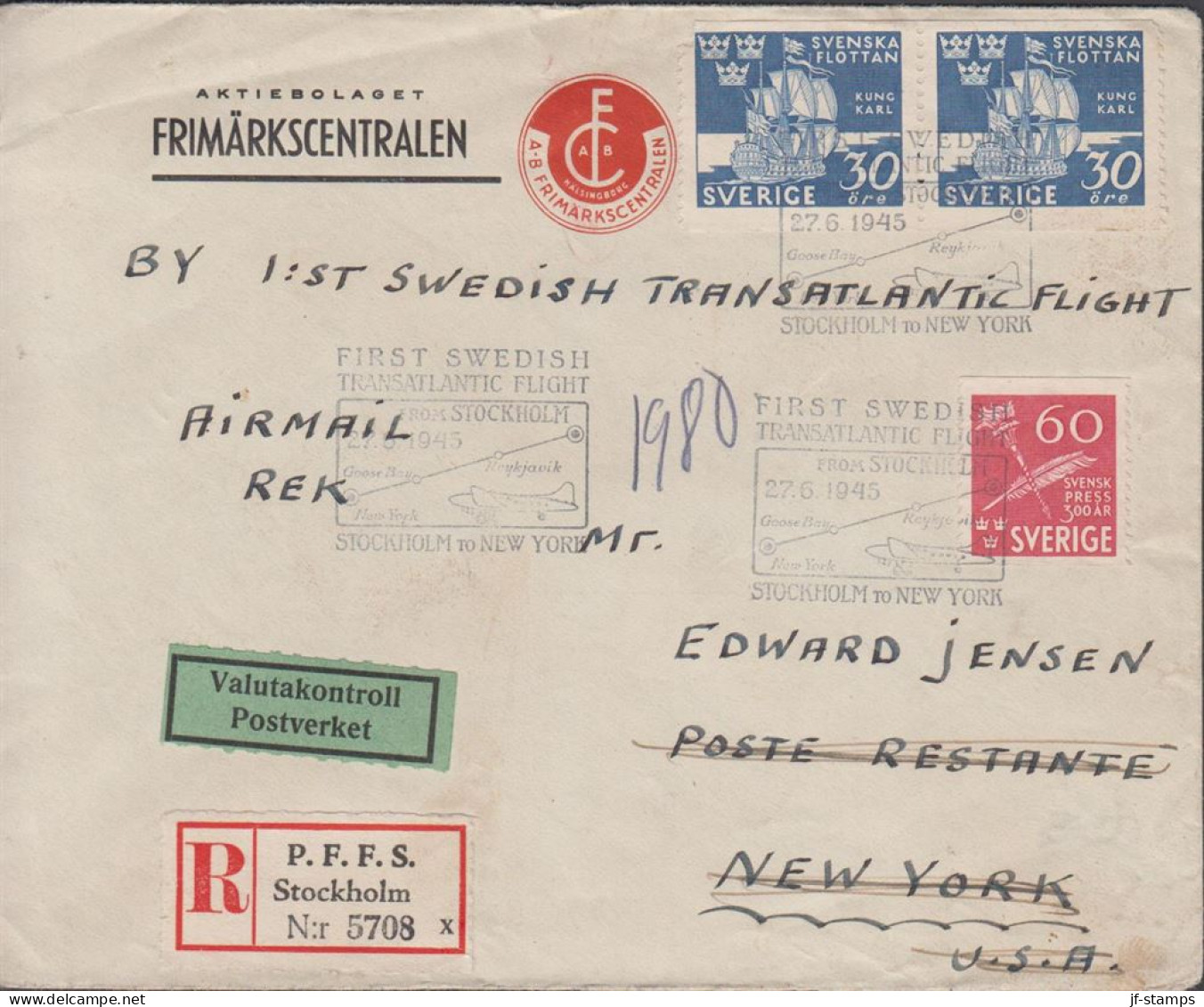 1945. SVERIGE. Interesting Registered LUFTPOST Cover To New York. USA With 60 ÖRE SVENSK PRE... (Michel 308+) - JF444802 - Briefe U. Dokumente