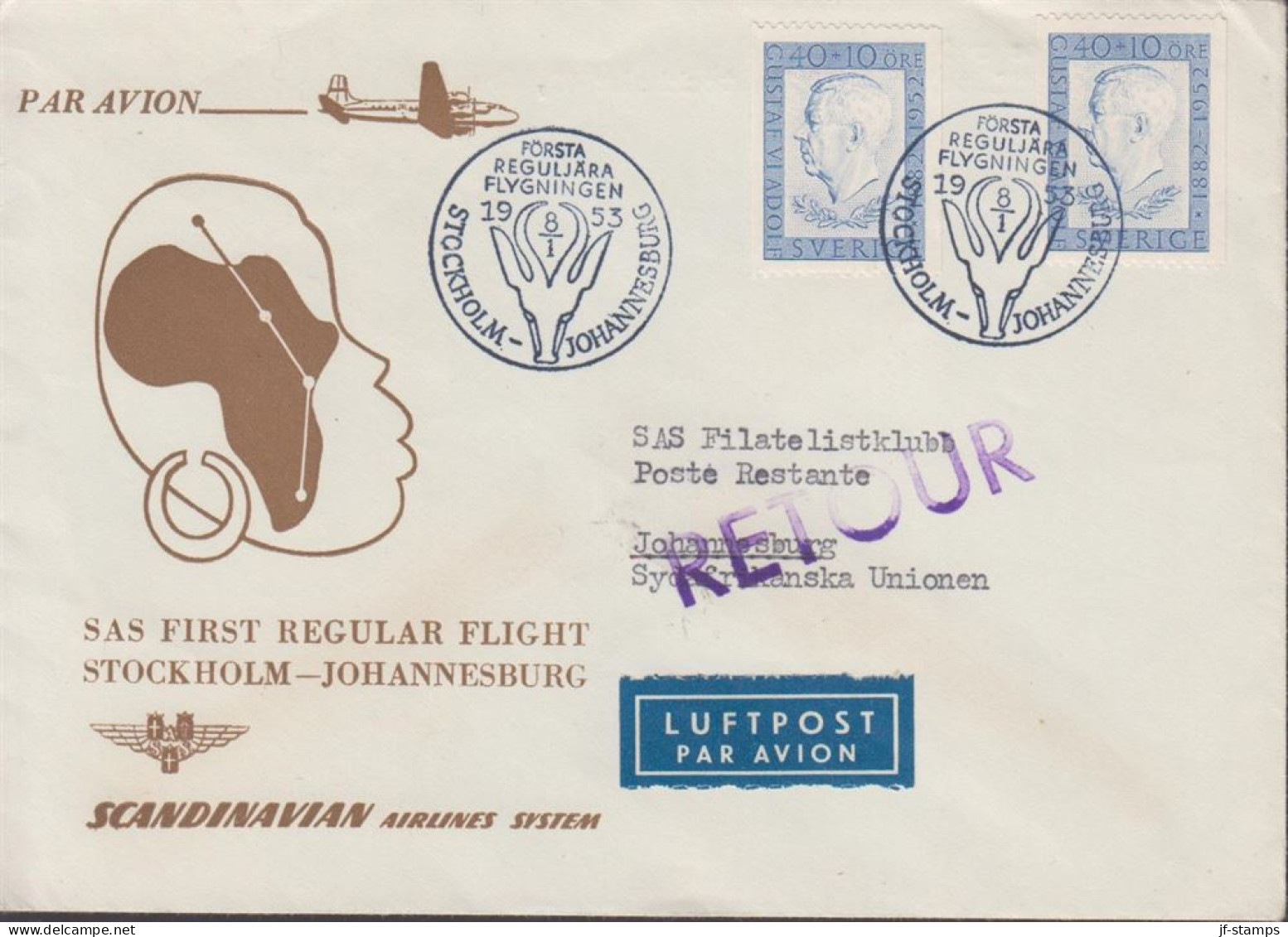 1953. SVERIGE. Fine LUFTPOST Cover To Johannesburg, South Africa With 2 Ex 40 + 10 öre Gustav... (Michel 378) - JF444809 - Cartas & Documentos