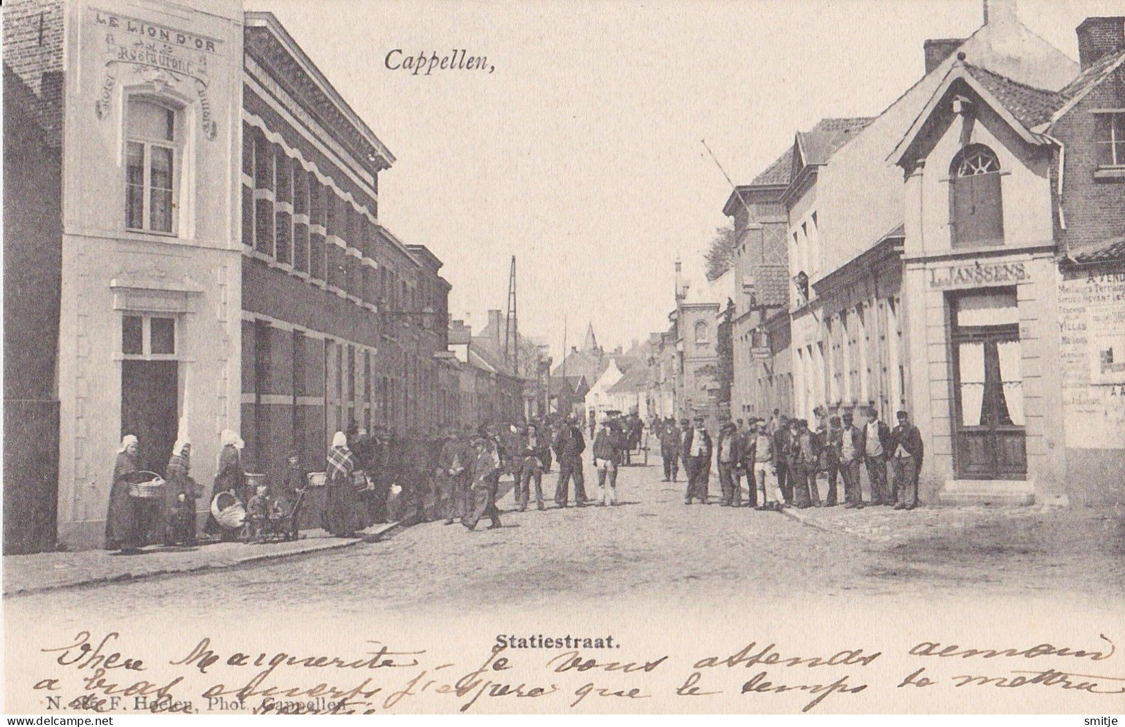 KAPELLEN 1903 STATIESTRAAT MET VEEL MENSEN EN RESTAURANT LE LION D'OR - MOOIE ANIMATIE - HOELEN 1584 - Kapellen