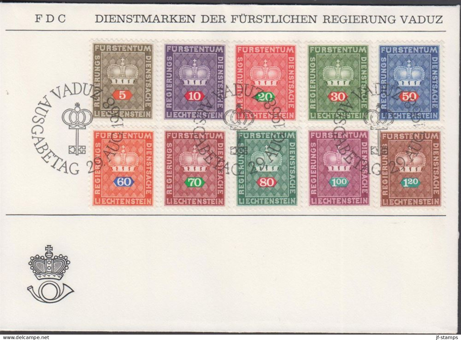 1968. LIECHTENSTEIN. FDC DIENSTMARKEN With 10 Stamps Cancelled VADUZ 29.AUG.1968. (Michel Dienst 45-52+) - JF445111 - Dienstmarken