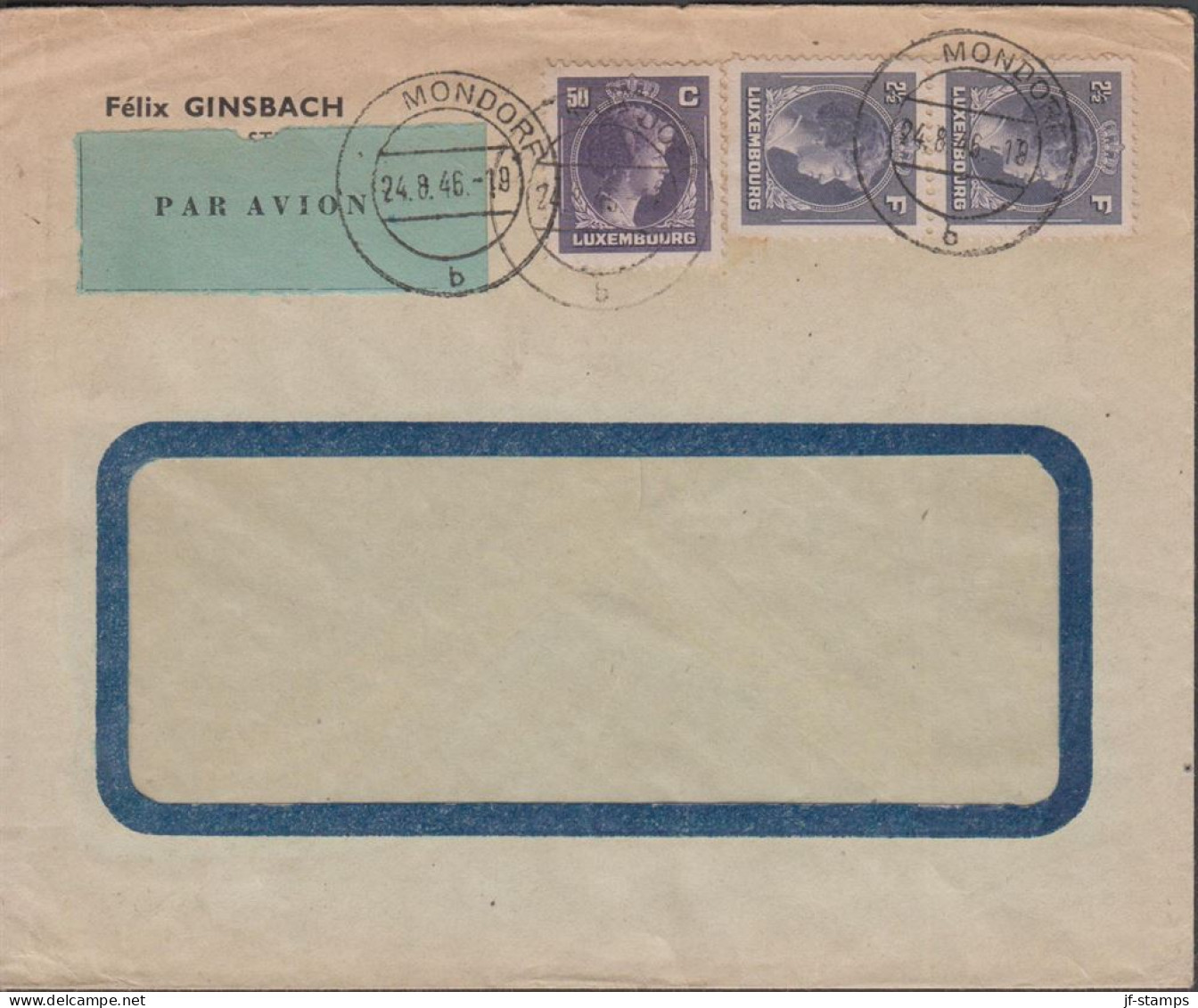 1946. LUXEMBOURG 50 C + Pair 2½ F Großherzogin Charlotte On Cover To USA Cancelled LMONDORF ... (Michel 364+) - JF445136 - Covers & Documents