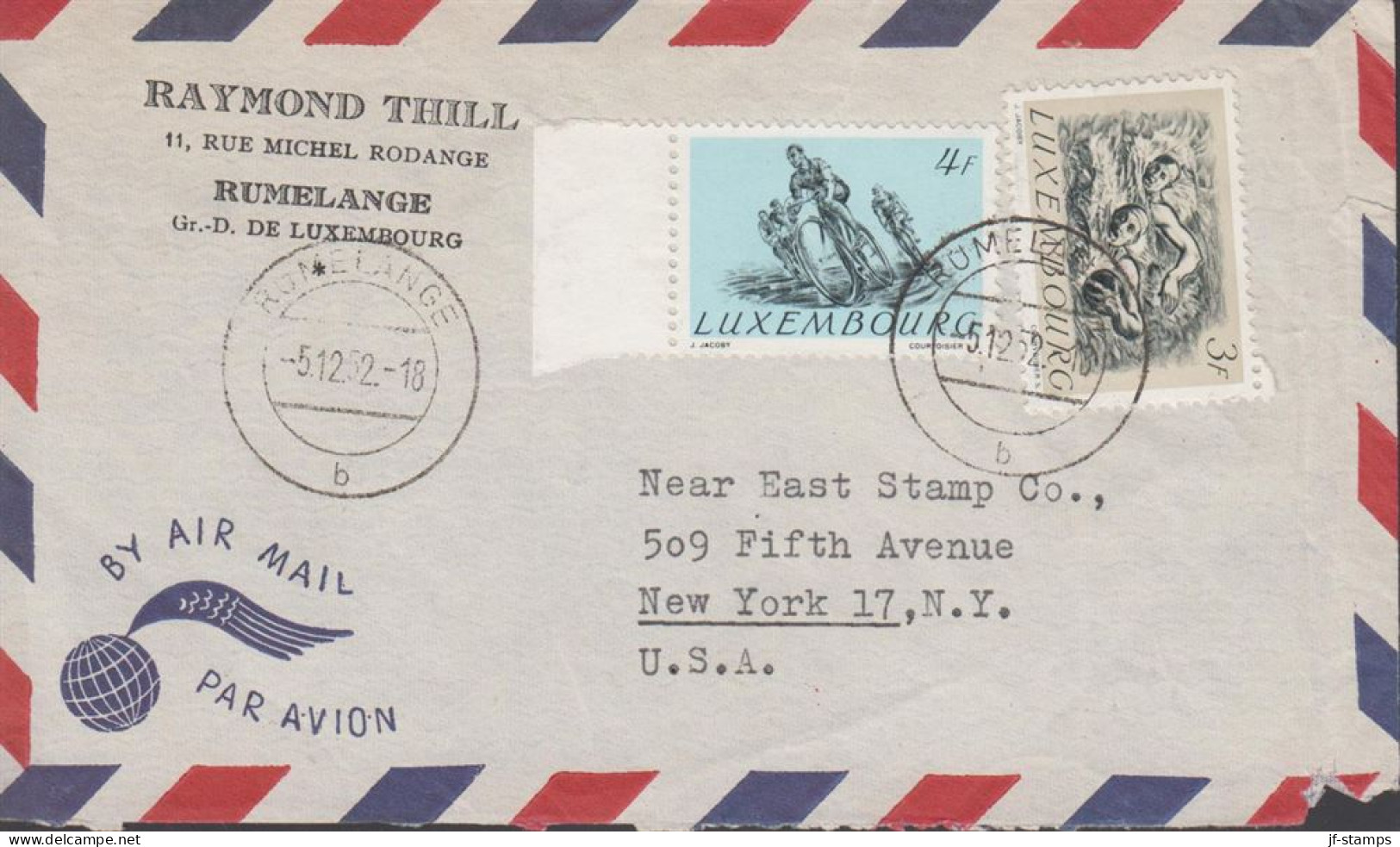 1952.  LUXEMBOURG. 4 F Biking +3 F Swimming On Small AIR MAIL Cover To USA Cancelled RUMELAN... (Michel 499+) - JF445146 - Lettres & Documents