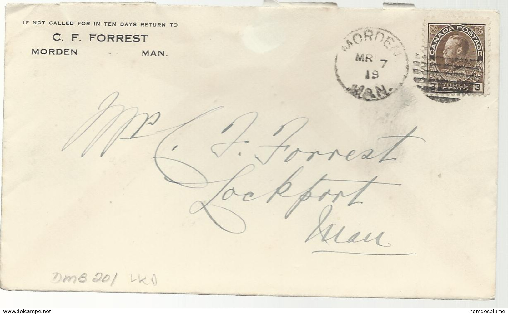 24482) Canada Morden Postmark Cancel Duplex 1919 DMB 201  - Covers & Documents