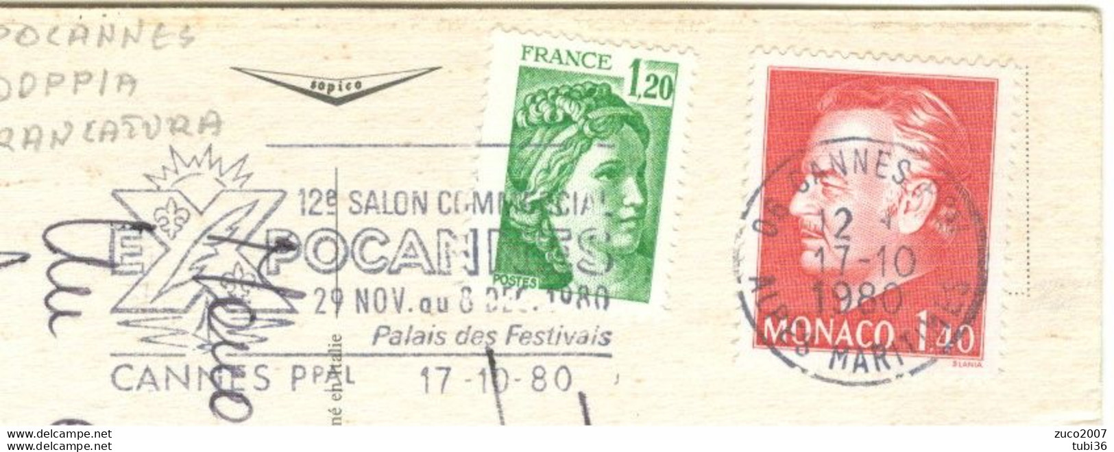 MONACO-FRANCIA, AFFRANCATURA MISTA 140+120 - 1980- POSTE CANNES TARGHETTA - RICCIONE(ITALIA)- MONACO LE PALAIS PRINCIER - Briefe U. Dokumente