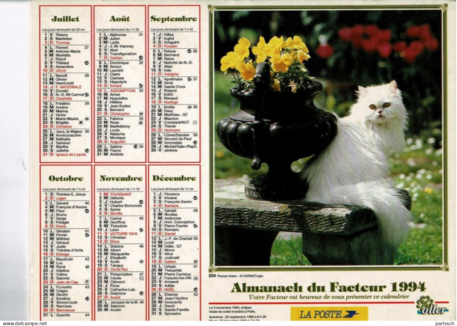 Calendrier Des Postes 1994 - Chiot Bobtail - Persan Blanc - Fleurs, Bruyères, Pensées, Coupe, Pierre - Grossformat : 1991-00