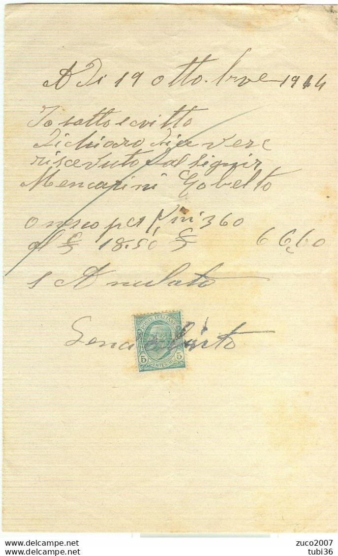 VITTORIO EMANUELE III Cent.5 (s81),SU RICEVUTA PRIVATA,anno 1914,USO MARCA DA BOLLO, - Fiscali