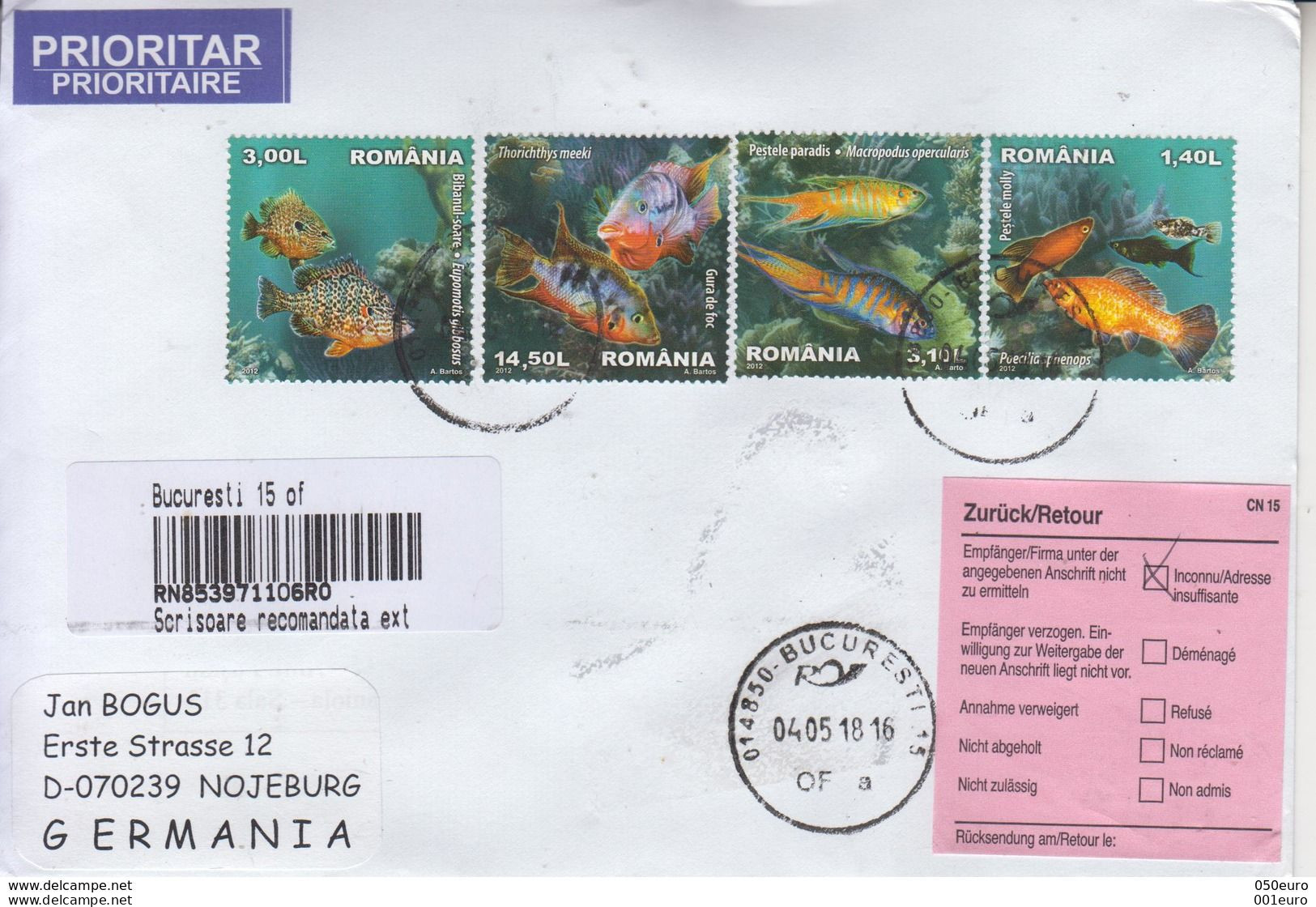 ROMANIA : AQUARIUM FISHES Set On Registered Cover Returned From Germany To ROMANIA #586739899 - Registered Shipping! - Covers & Documents