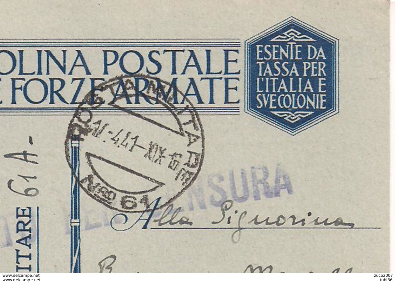 POSTA MILITARE N.61 A - CARTOLINA POSTALE  FORZE ARMATE- P.M. N.61 A -ALBANIA - 1941 -PER VENEZIA, CENSURA - Albanië