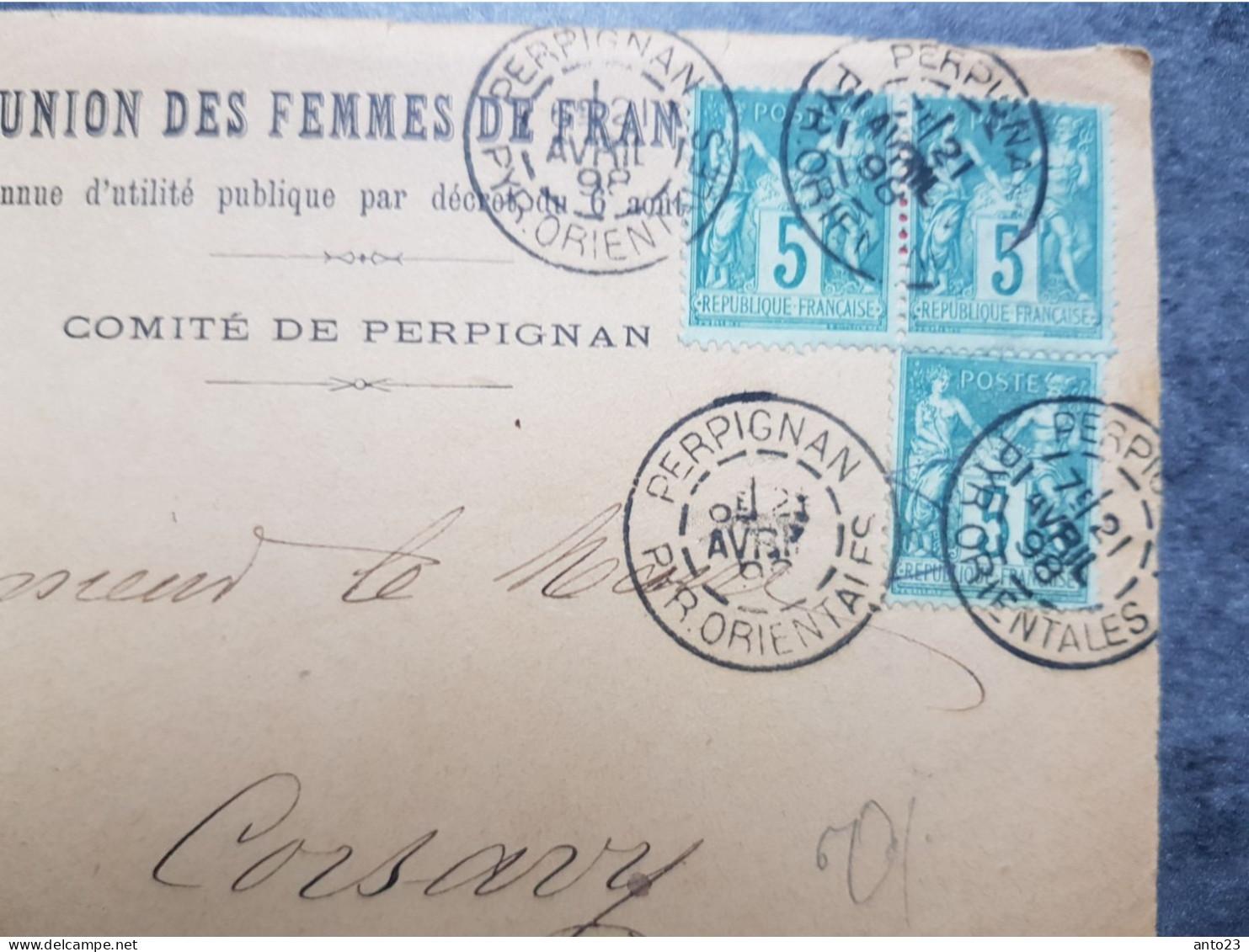 Devant De Lettre 1898 Croix Rouge Union Des Femmes De France Comité De Perpignan TB SAGE 5 CTS X 3 - MILITARIA - Rotes Kreuz