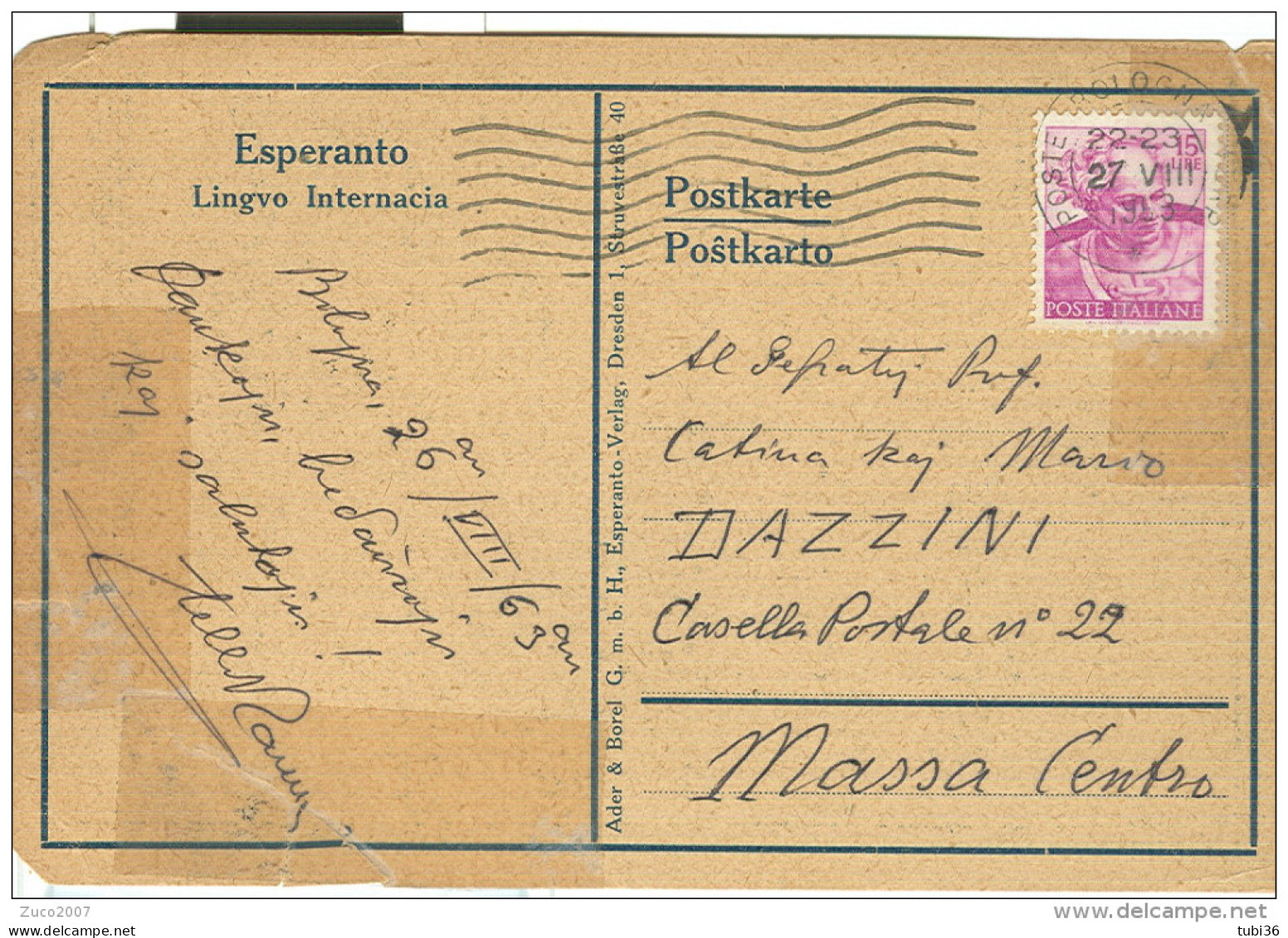 ESPERANTO, POSTKARTE, VIAGGIATA 1963, BOLOGNA -MASSA, INNO ESPERANTISTA, - Esperanto