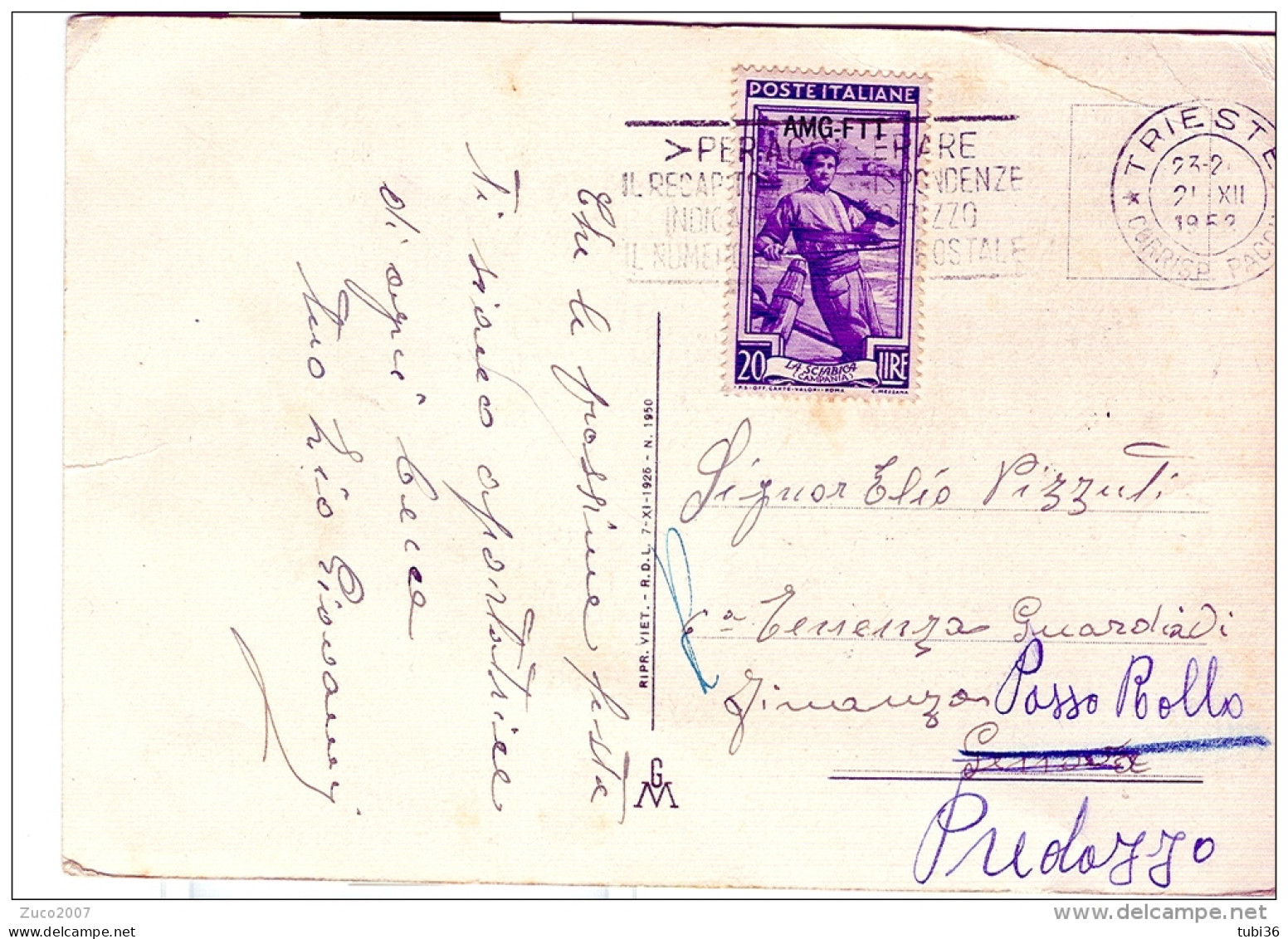 STORIA POSTALE, LAVORO £. 20 AMG-FTT, ISOLATO IN TARIFFA CARTOLINA POSTALE, VIAGGIATA  1952, TIMBRO TRIESTE TARGHETTA, - Marcophilie