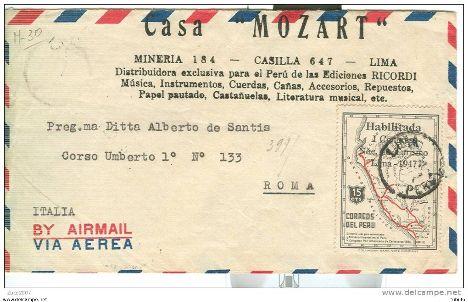 1° CONGRESSO  NAC. DE TURISMO,  LIMA 1947,  SU BUSTA PER ROMA, - Hotels, Restaurants & Cafés