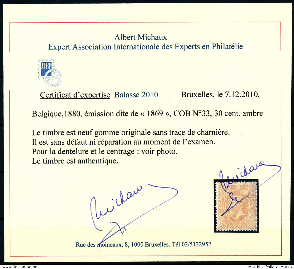 [** SUP] N° 33, 30c Ambre, TB Centrage, Fraîcheur Postale - Certificat Photo - Cote: 625€ - 1869-1883 Leopoldo II