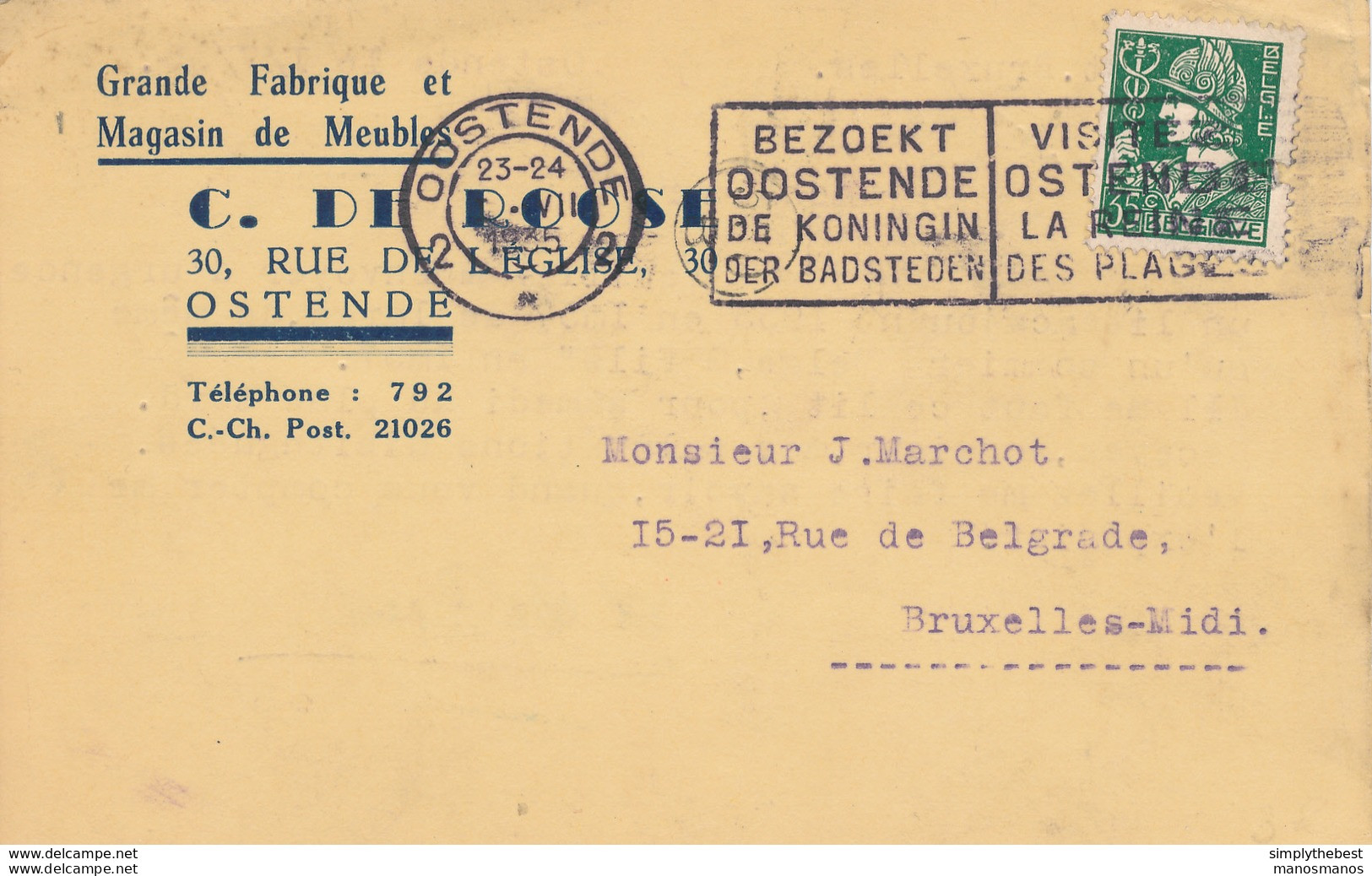 598/30 - Carte Privée TP Mercure OOSTENDE 1935 - Entete Fabrique Et Magasin De Meubles De Roose - 1932 Cérès Et Mercure