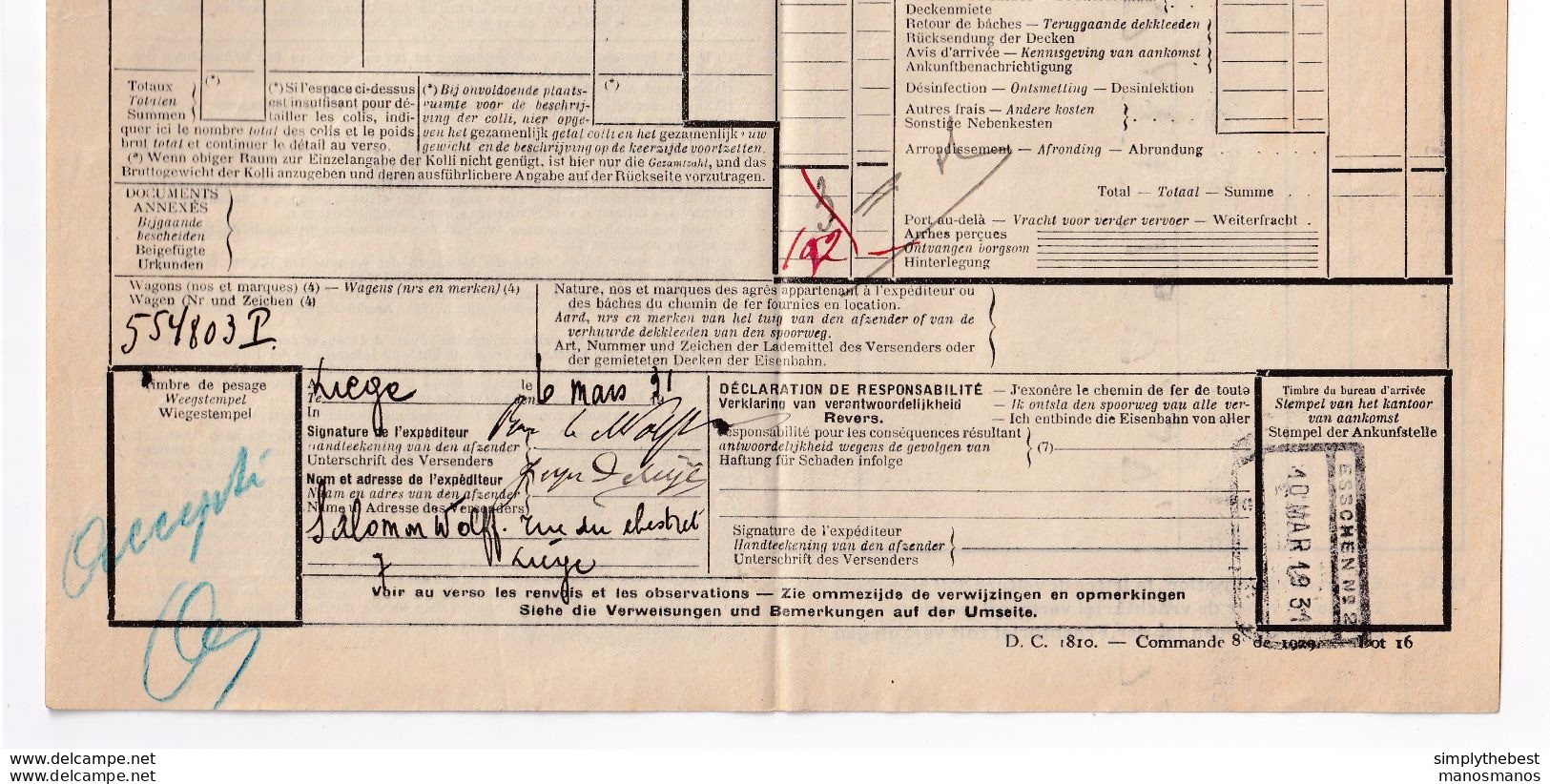 DDX 393  --  NORD BELGE - Lettre De Voiture LIEGE GUILLEMINS Recettes No 1 En 1921 - Nord Belge