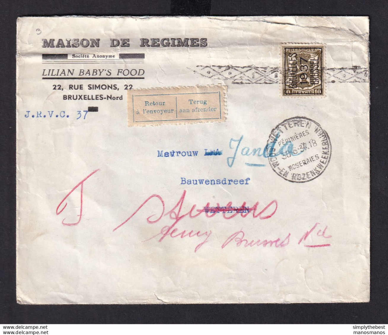 DDZ 475 -- Enveloppe D'' IMPRIME TP PREO Petit Sceau 1937 Vers WETTEREN- Etiquettes INCONNU Et Retour Envoyeur - Typos 1936-51 (Kleines Siegel)