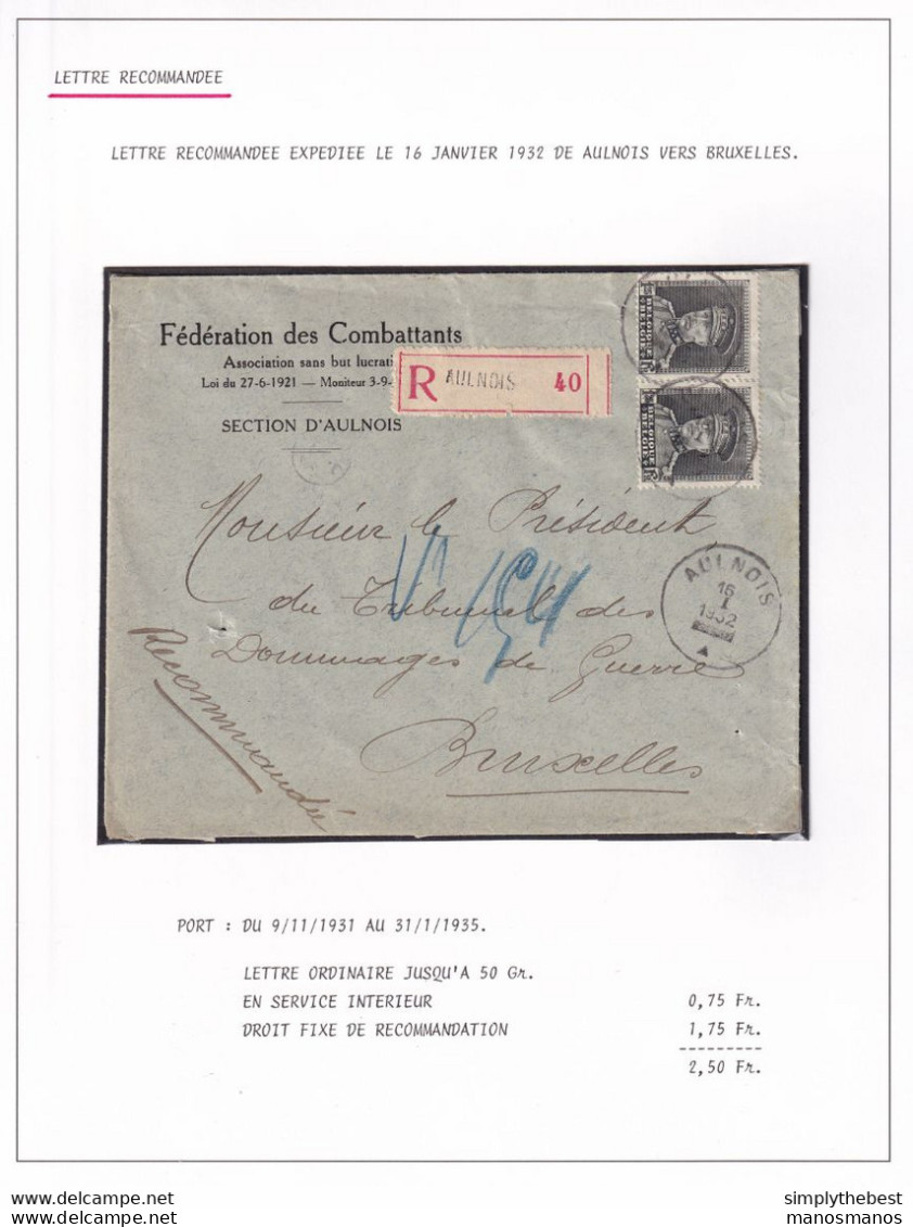DDY 855 -- Courrier RECOMMANDE - Enveloppe Paire TP Képi AULNOIS Vers BXL 1932 - Entete Fédération Des Combattants - 1931-1934 Képi