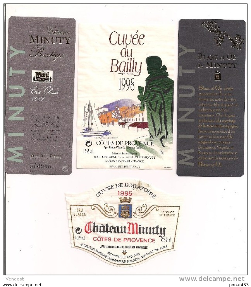 Etiquettes Neuves Et Décollées Châteua MINUTY 1995, 1998 Et 2001 Prestige, Blanc Et Or, Cuvée Du Bailly Et De L'Oratoire - Pink Wines