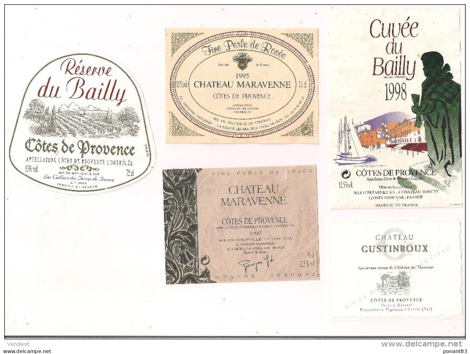 Etiquettes  Décollées Côtes De Provence Cuvée Du Bailly 1998, Réserve Du Bailly Et Château Maravenne - Rosés