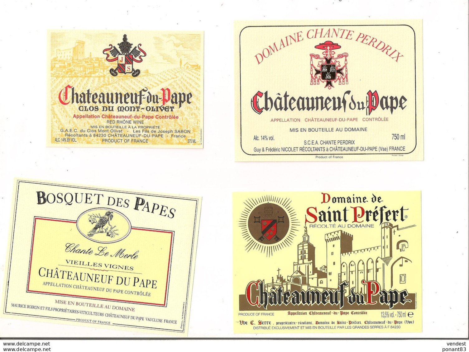 Etiquettes  Châteauneuf Du Pape: Clos Du Mont Olivet, Chante Le Merle, Domaine Chante Perdrix, Saint Préfert - - Côtes Du Rhône