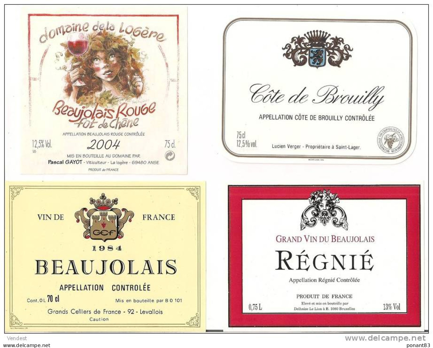 4 Etiquettes  Beaujolais,rouge 2004,domaine De Logère,  Beaujolais 1984, Côte De Brouilly Et Régnié  - - Beaujolais