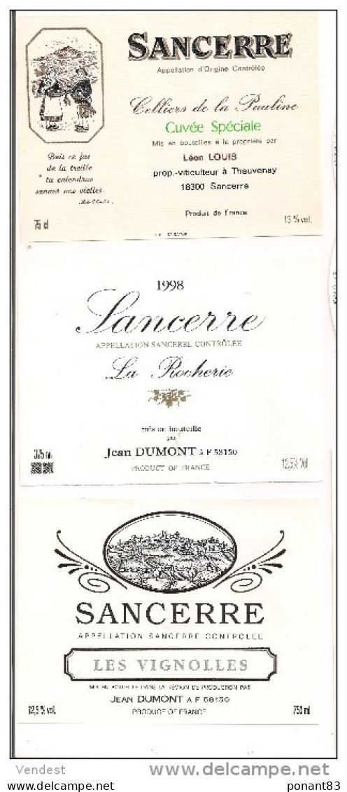 Etiquettes  Vin  De SANCERRE , Celliers De La Pauline Léon Louis, La Rocherie 1998 Et Les Vignolles J.Dumont - - Collections & Sets