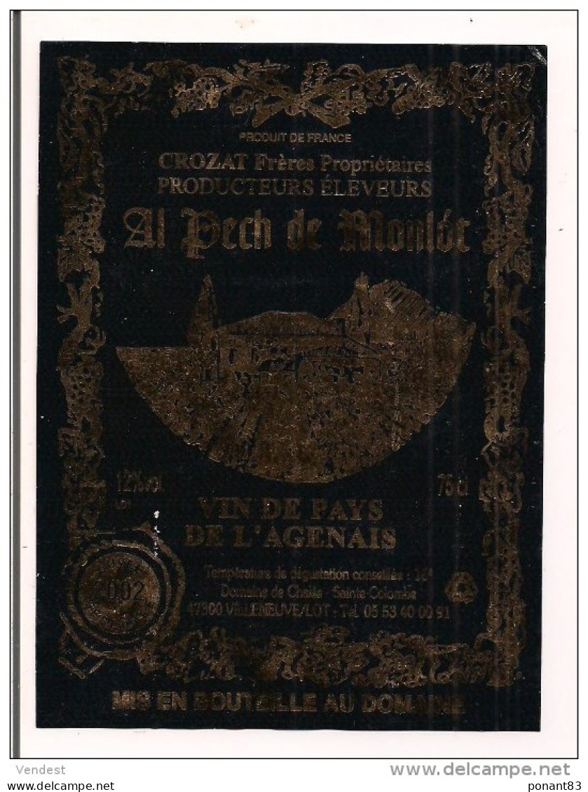 étiquette Vin De Pays De L'Agenais - Al Pech De Monlot - Cuvée 2002 - Domaine De Chalès - Sainte Colombe - - Cahors