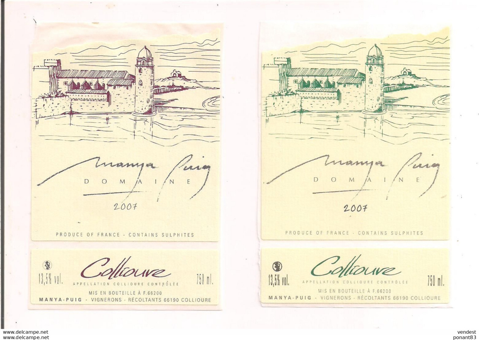 2 Etiquettes Vin De Collioure " Manya Puig " 2007 - Rouge, Blanc - - Languedoc-Roussillon