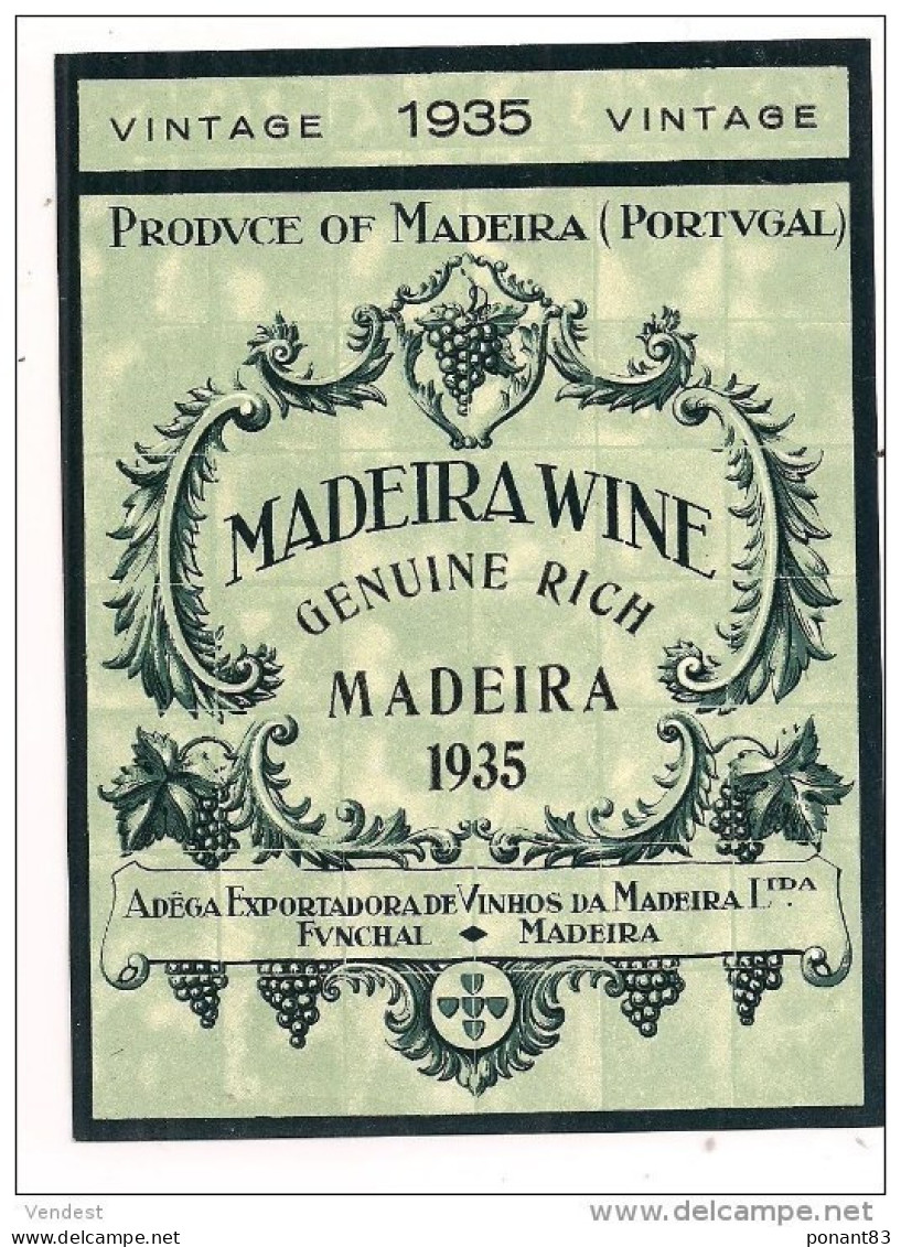 Etiquette  MADEIRA Wine , Guenuine Rich , Vintage 1935 -  Funchal, Portugal - Madère - étiquette Ancienne - - - White Wines